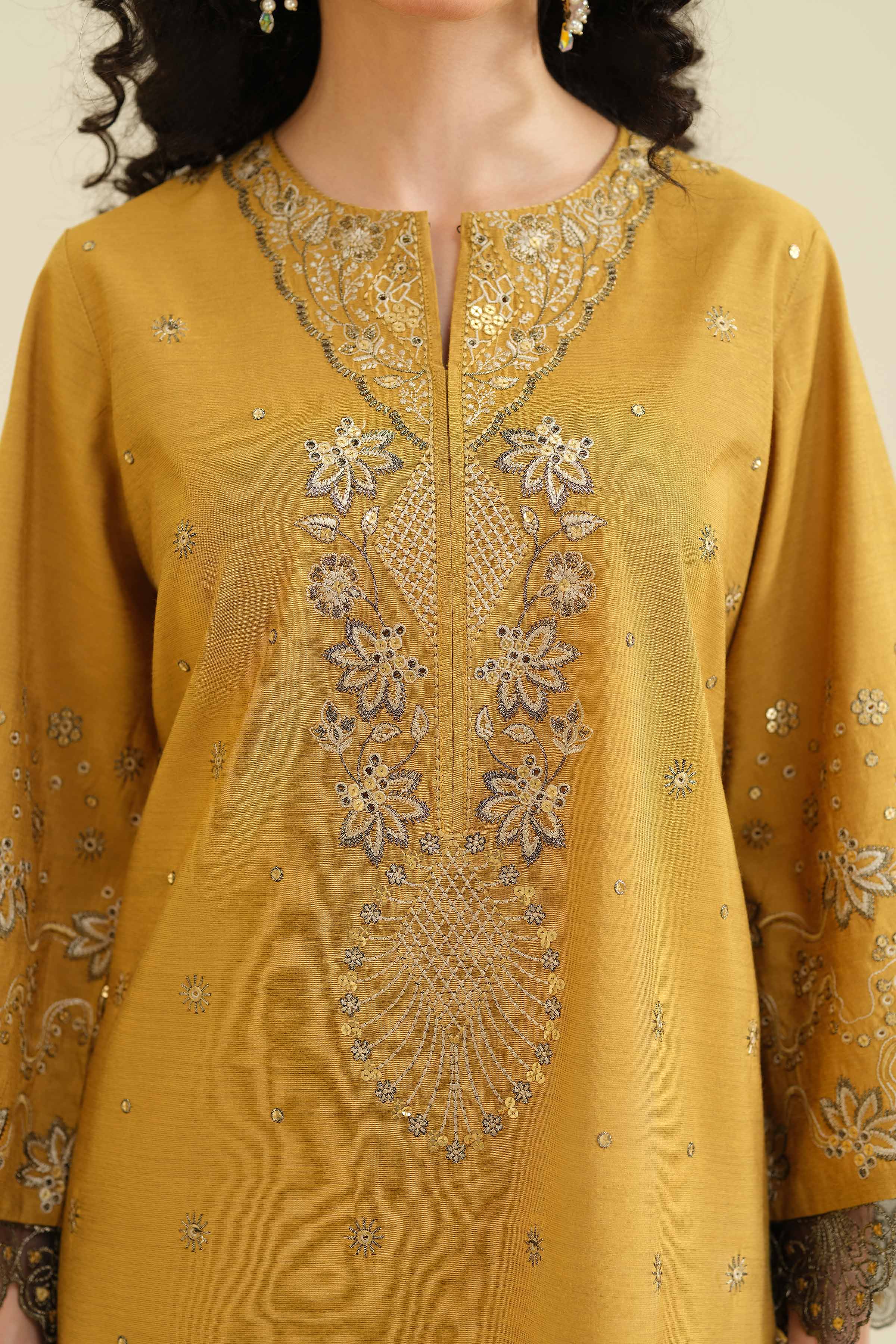 NISHATUAE - Mustard Embroidered Silk 3-piece Ready to wear Suit