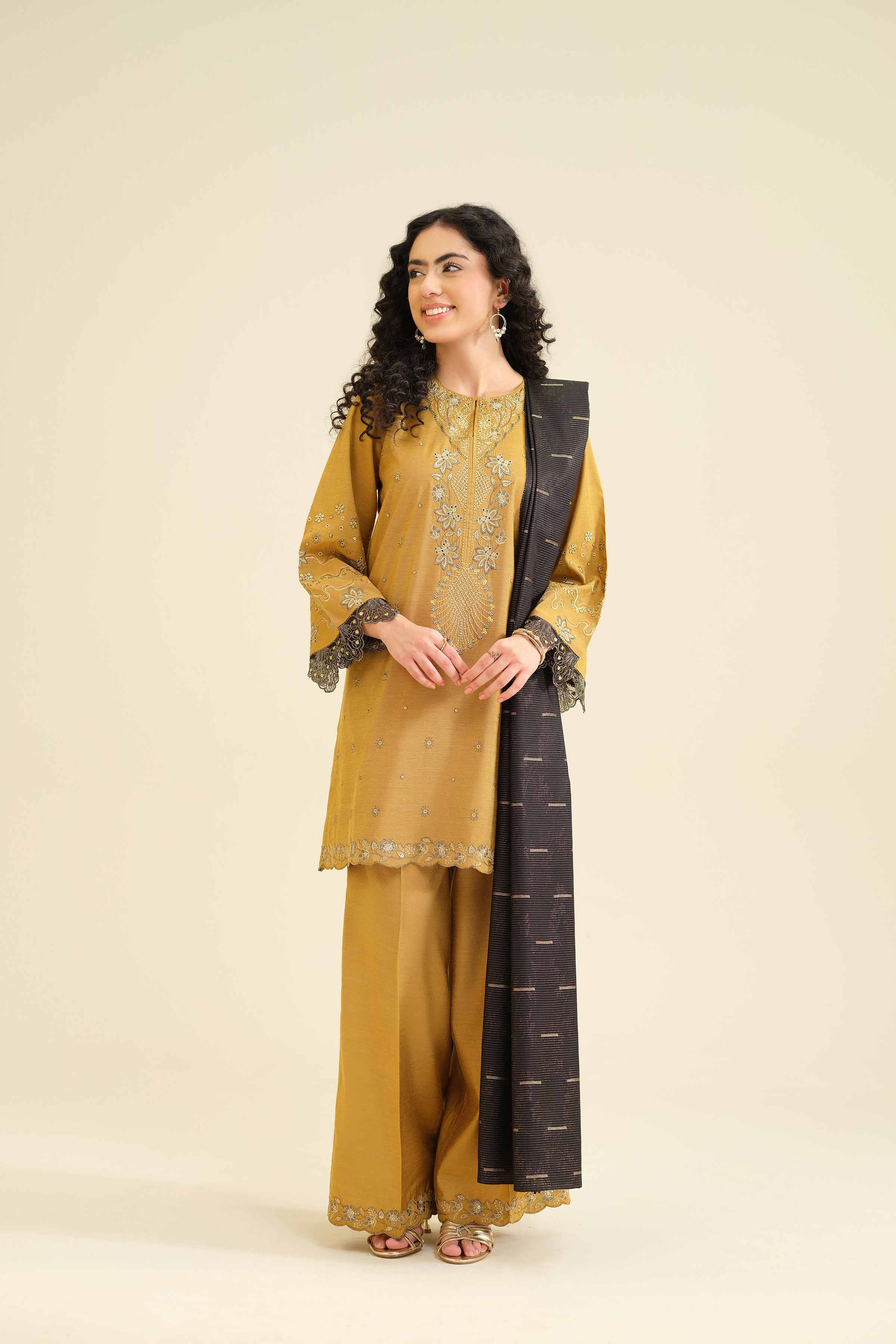 NISHATUAE - Mustard Embroidered Silk 3-piece Ready to wear Suit