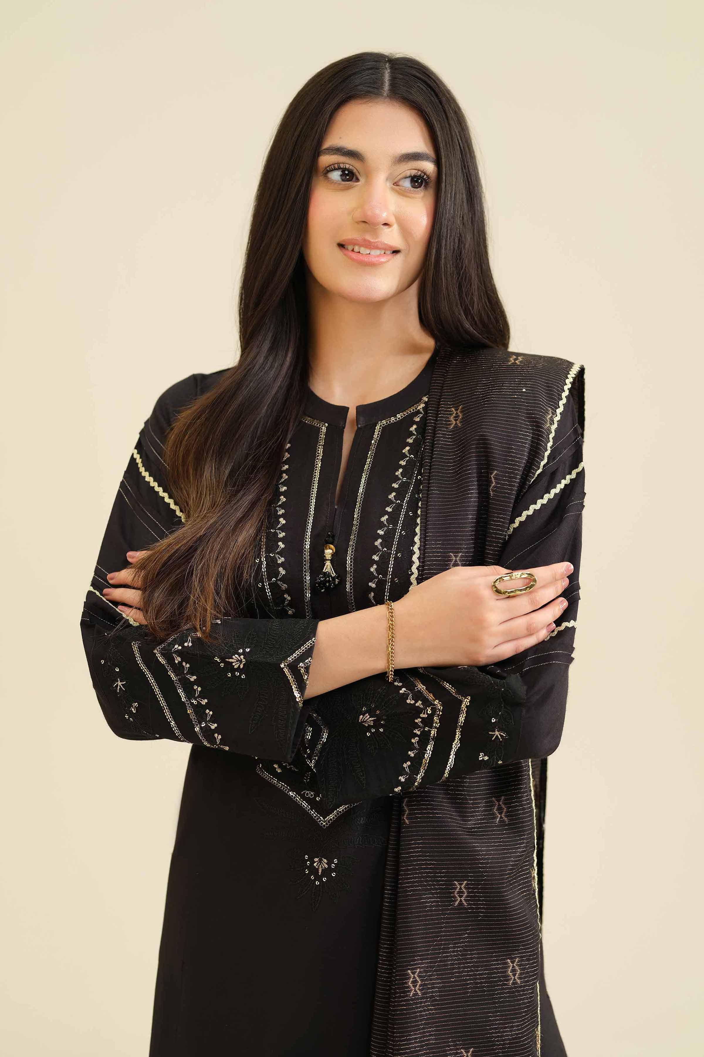 NISHATUAE - Black Embroidered Silk 3-piece Ready to wear Suit