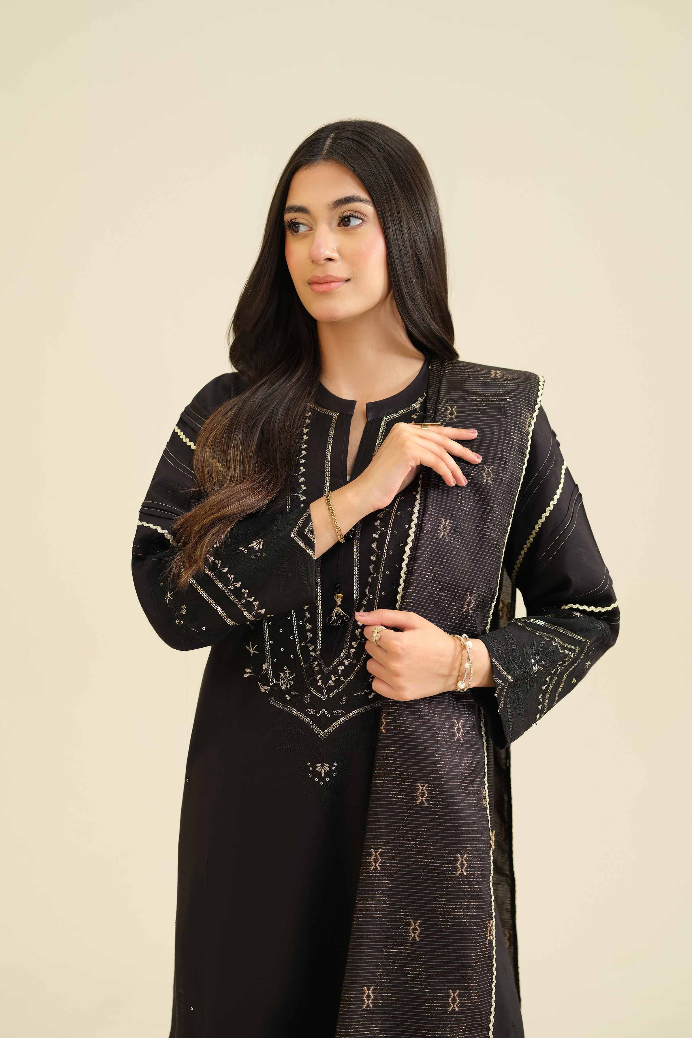 NISHATUAE - Black Embroidered Silk 3-piece Ready to wear Suit