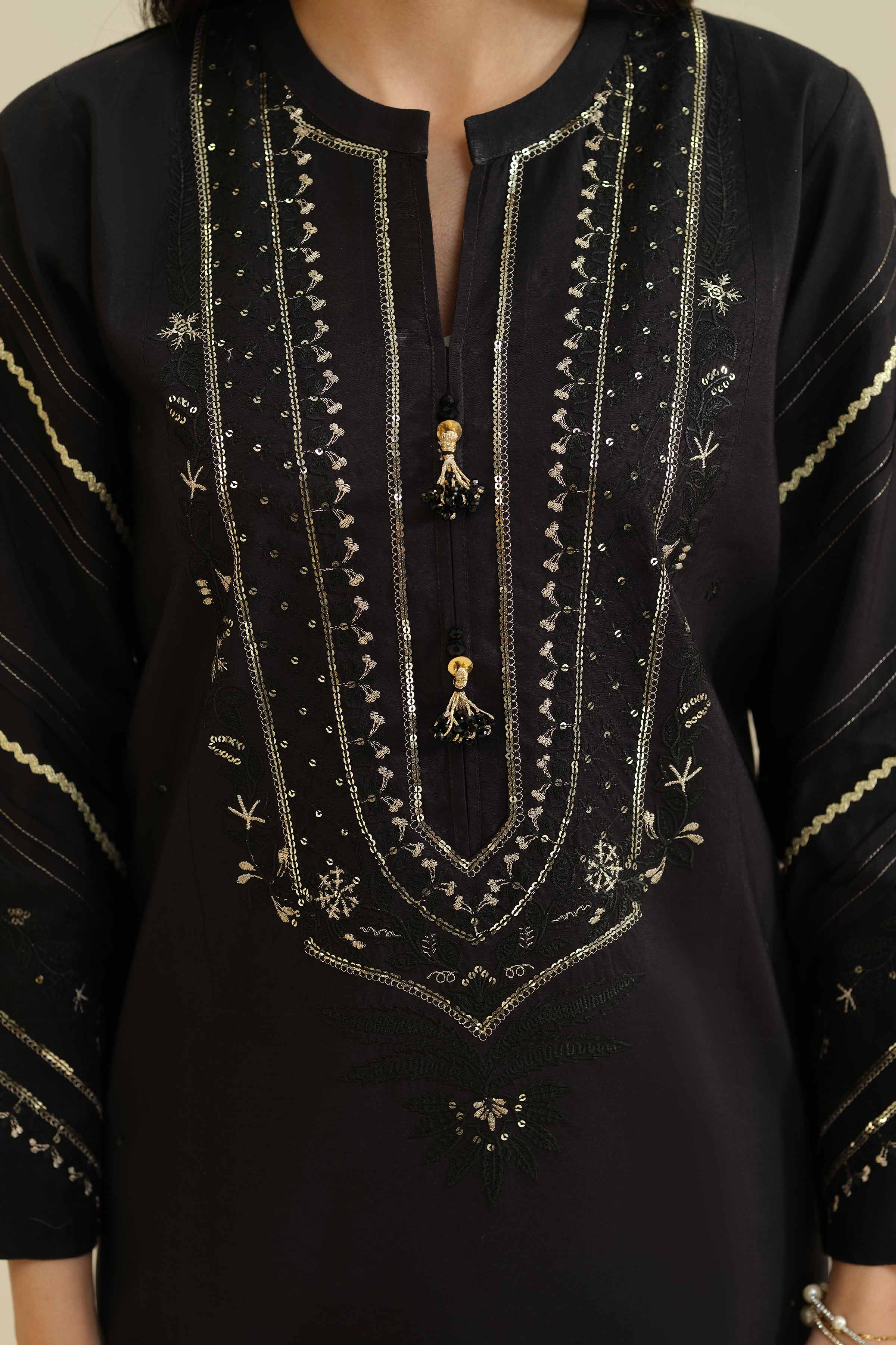 NISHATUAE - Black Embroidered Silk 3-piece Ready to wear Suit