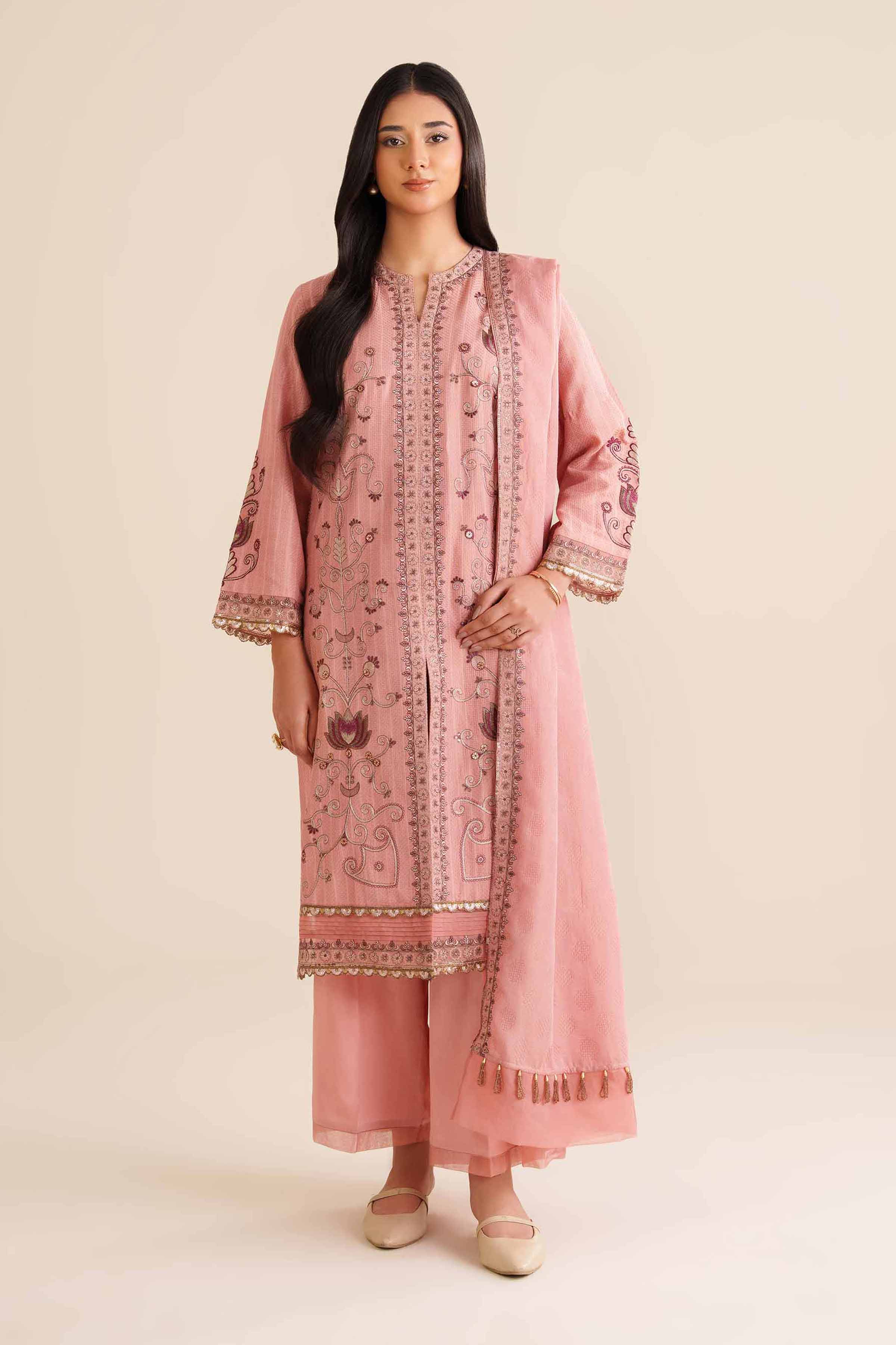 NISHATUAE - Pink Embroidered Jacquard 3-piece Ready to wear Suit