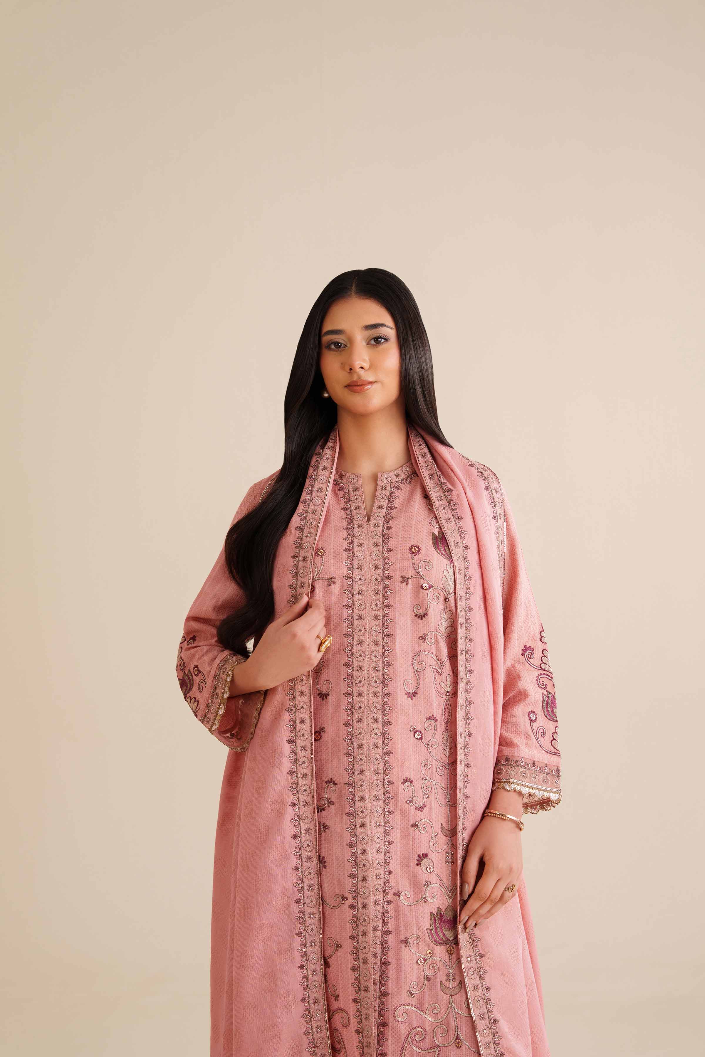 NISHATUAE - Pink Embroidered Jacquard 3-piece Ready to wear Suit