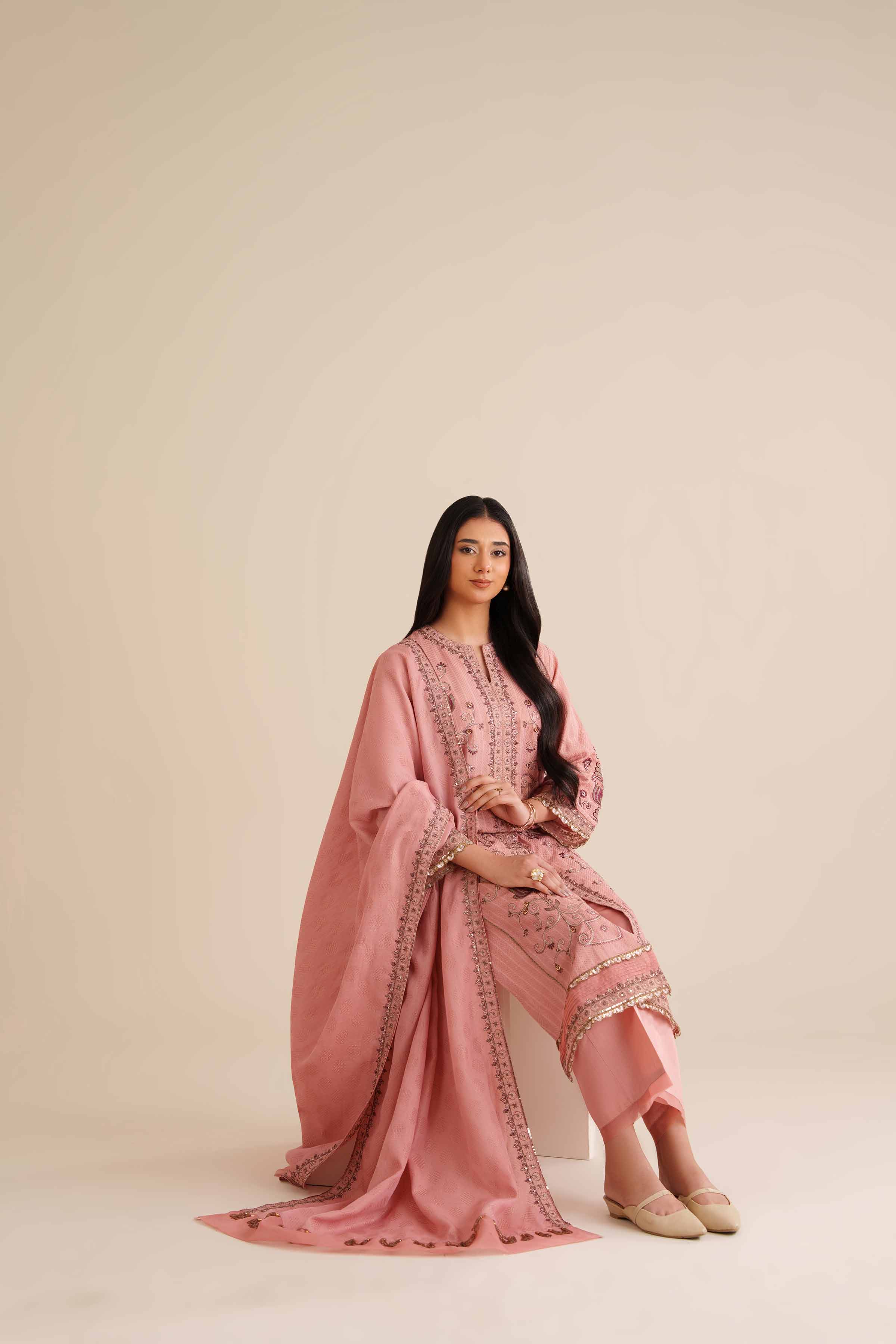 NISHATUAE - Pink Embroidered Jacquard 3-piece Ready to wear Suit