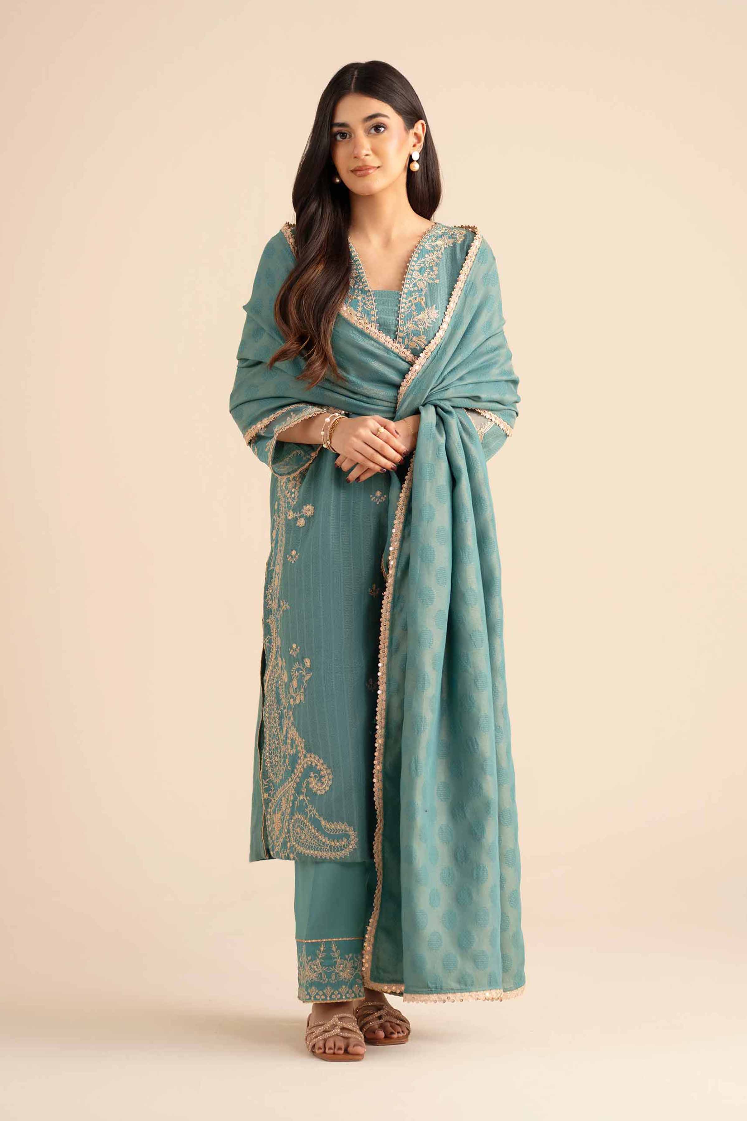 NISHATUAE - Blue Embroidered Jacquard 3-piece Ready to wear Suit