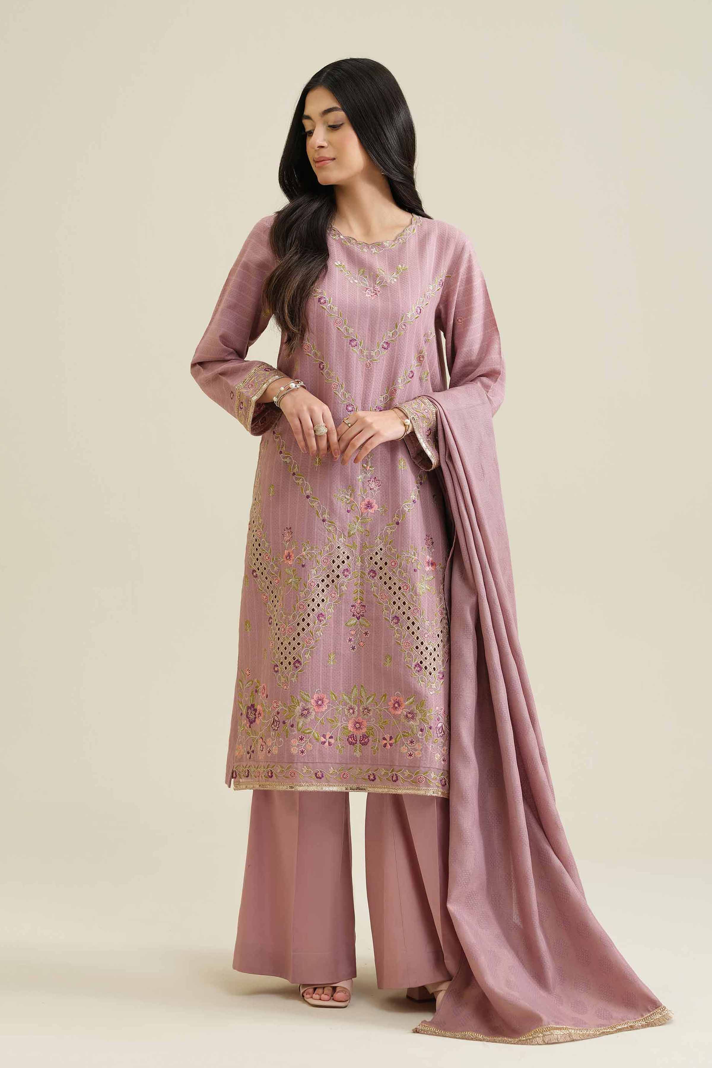 NISHATUAE - Pink Embroidered Jacquard 3-piece Ready to wear Suit
