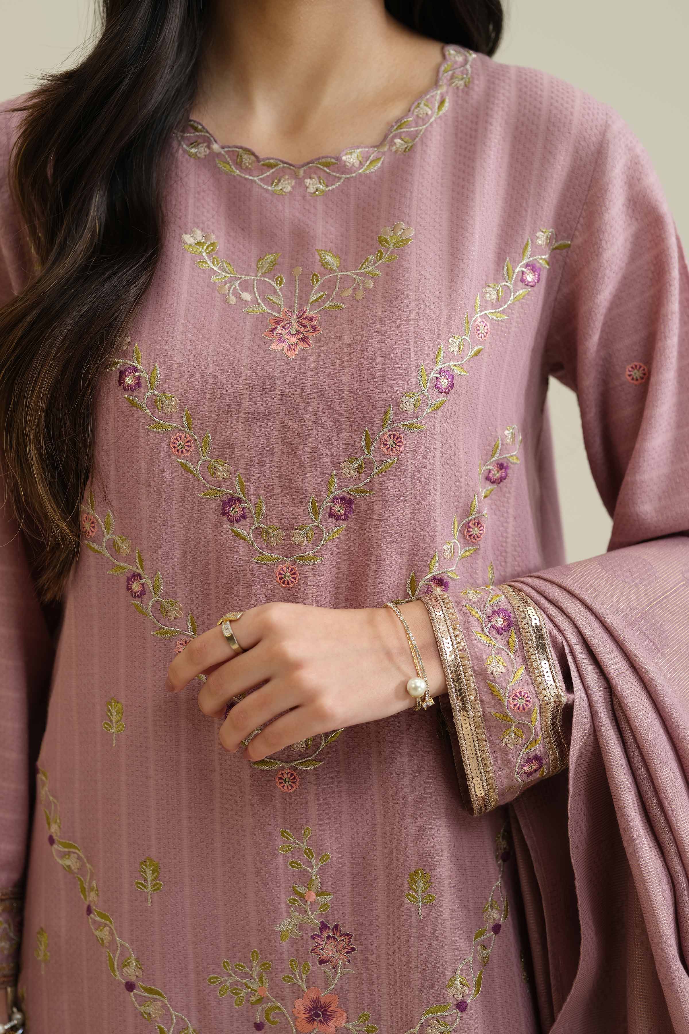 NISHATUAE - Pink Embroidered Jacquard 3-piece Ready to wear Suit