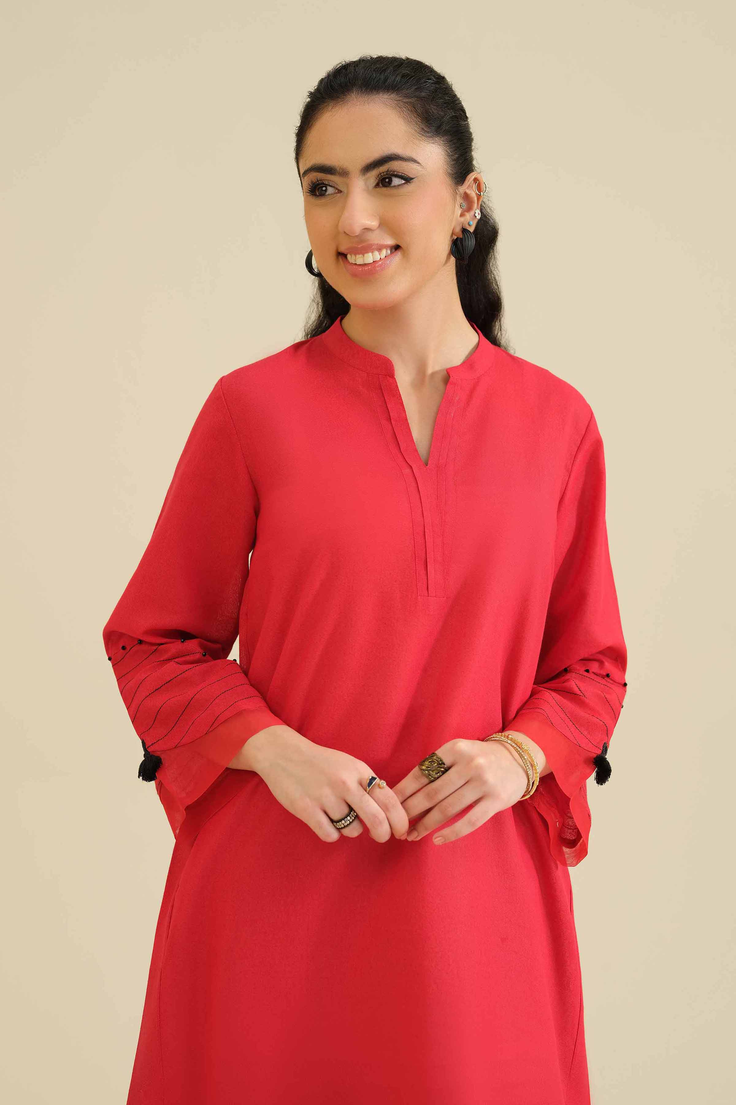 NISHATUAE - Red Solids Karandi Ready to wear Shirt