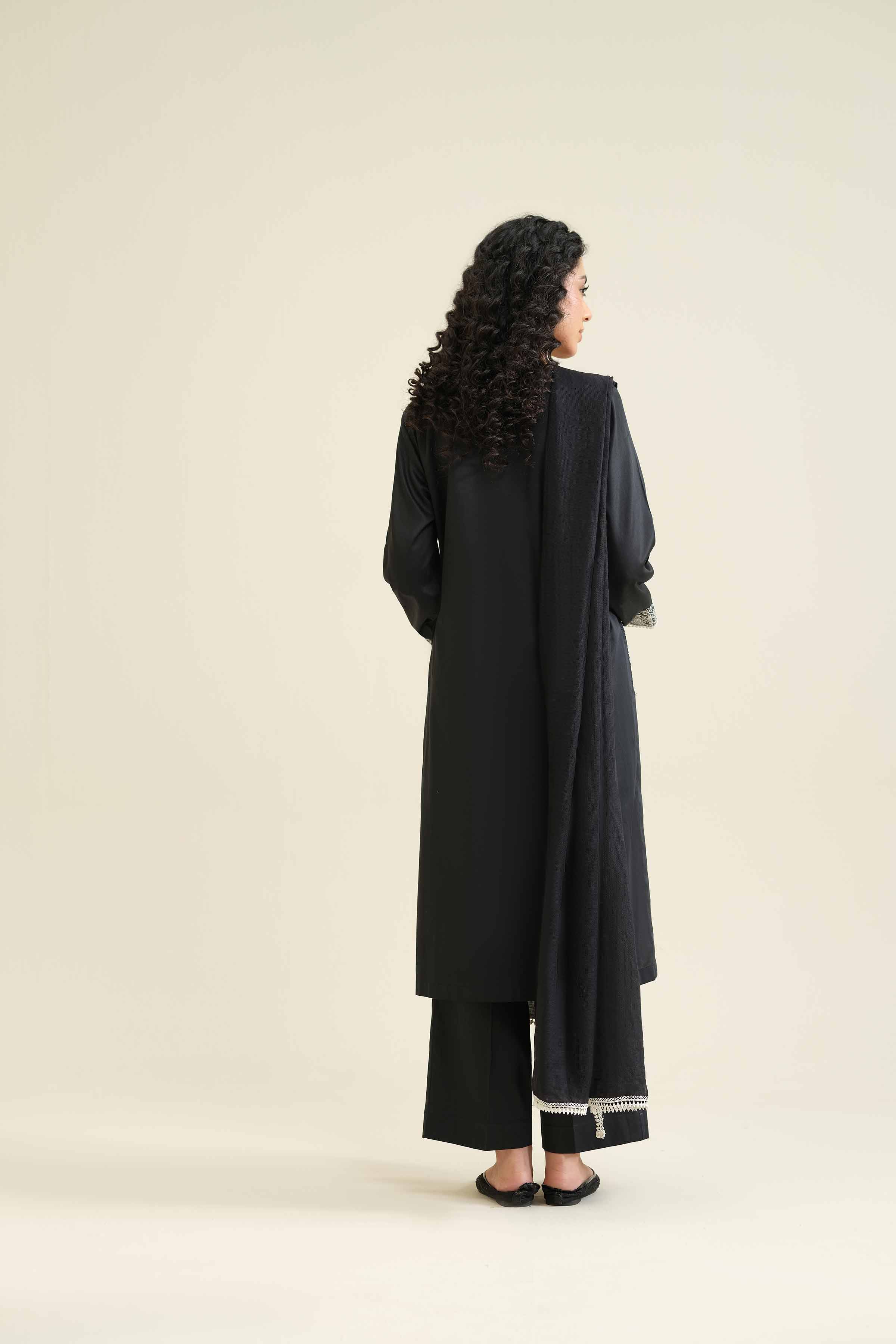 NISHATUAE - Black Embroidered Satin 3-piece Ready to wear Suit