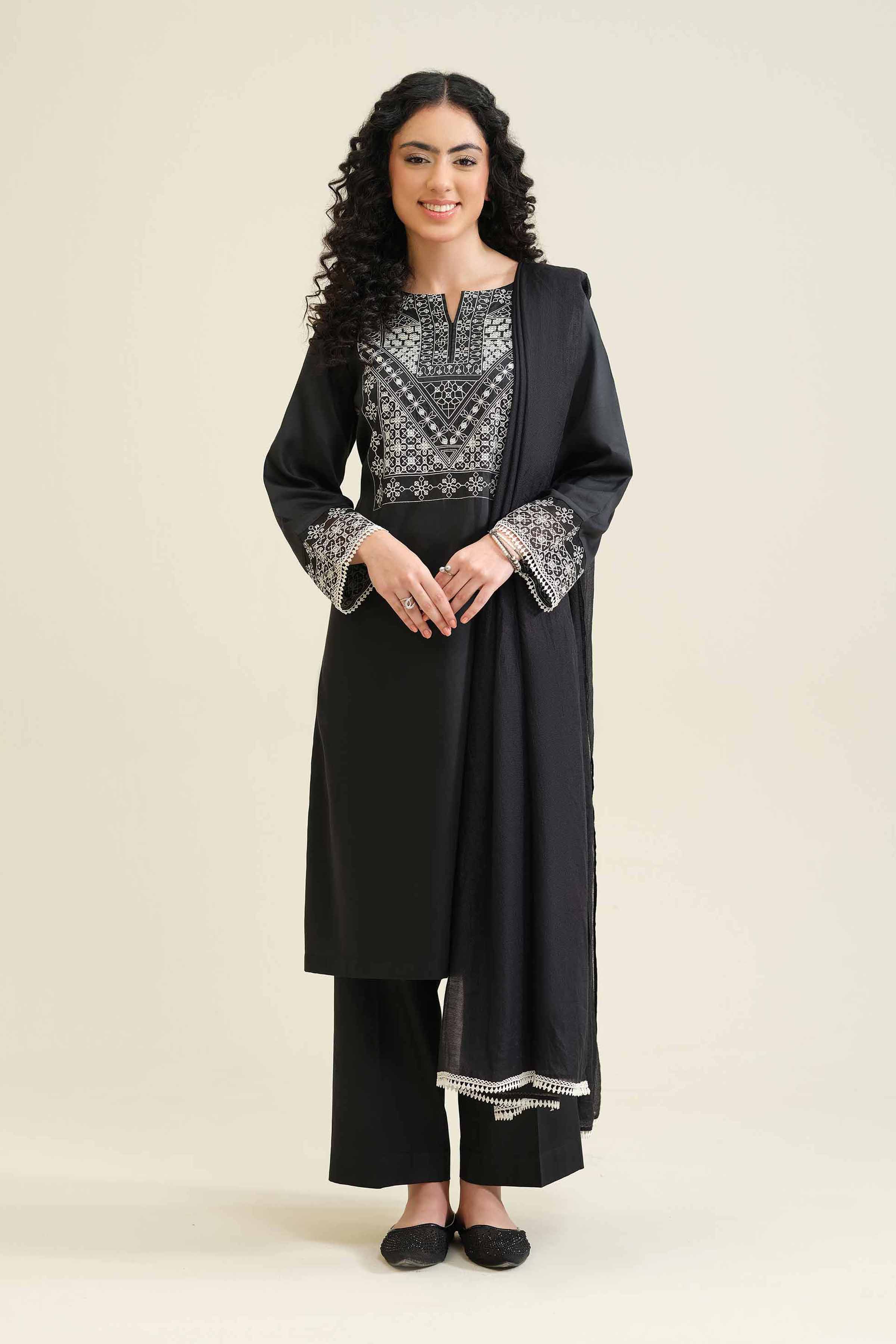 NISHATUAE - Black Embroidered Satin 3-piece Ready to wear Suit