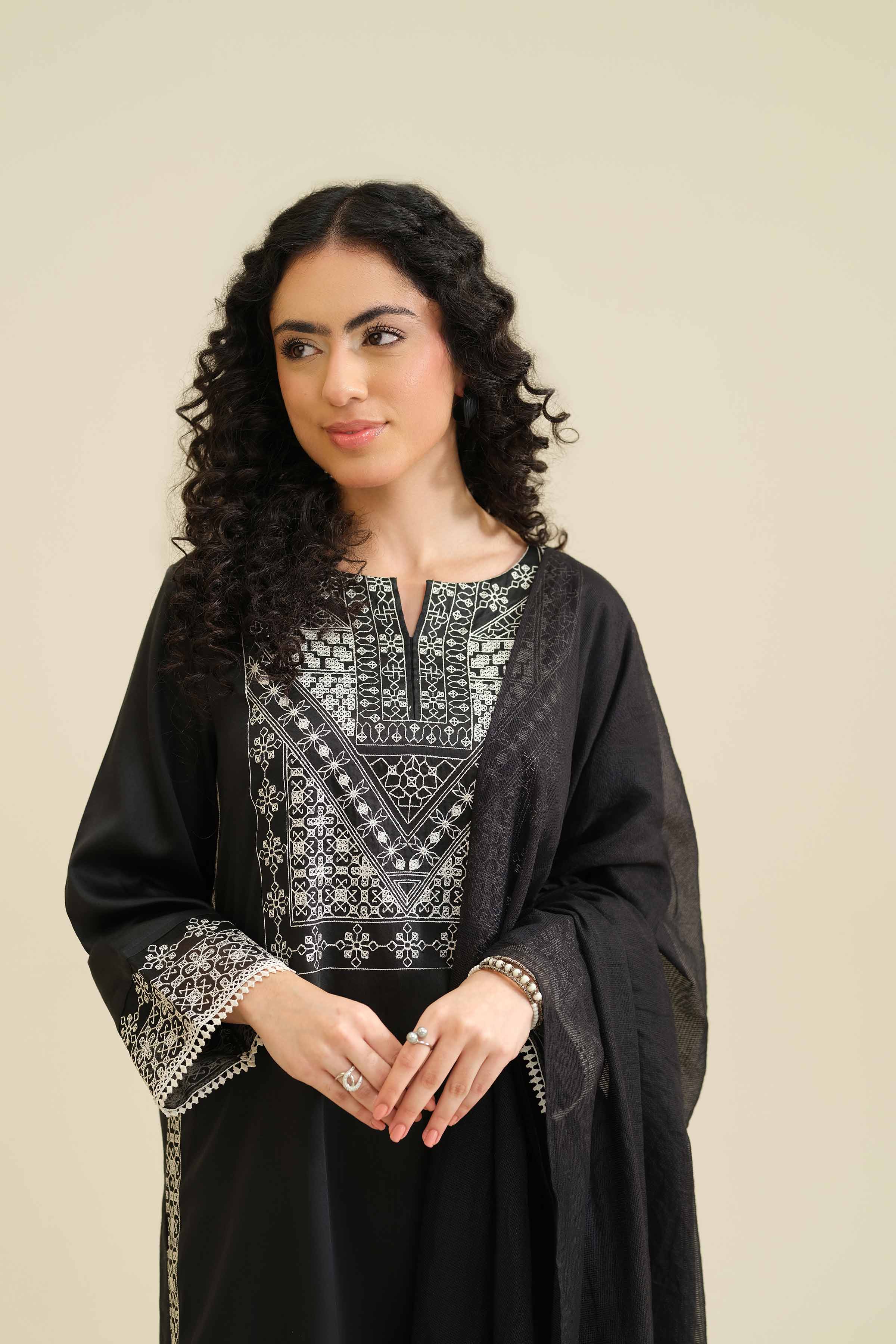 NISHATUAE - Black Embroidered Satin 3-piece Ready to wear Suit