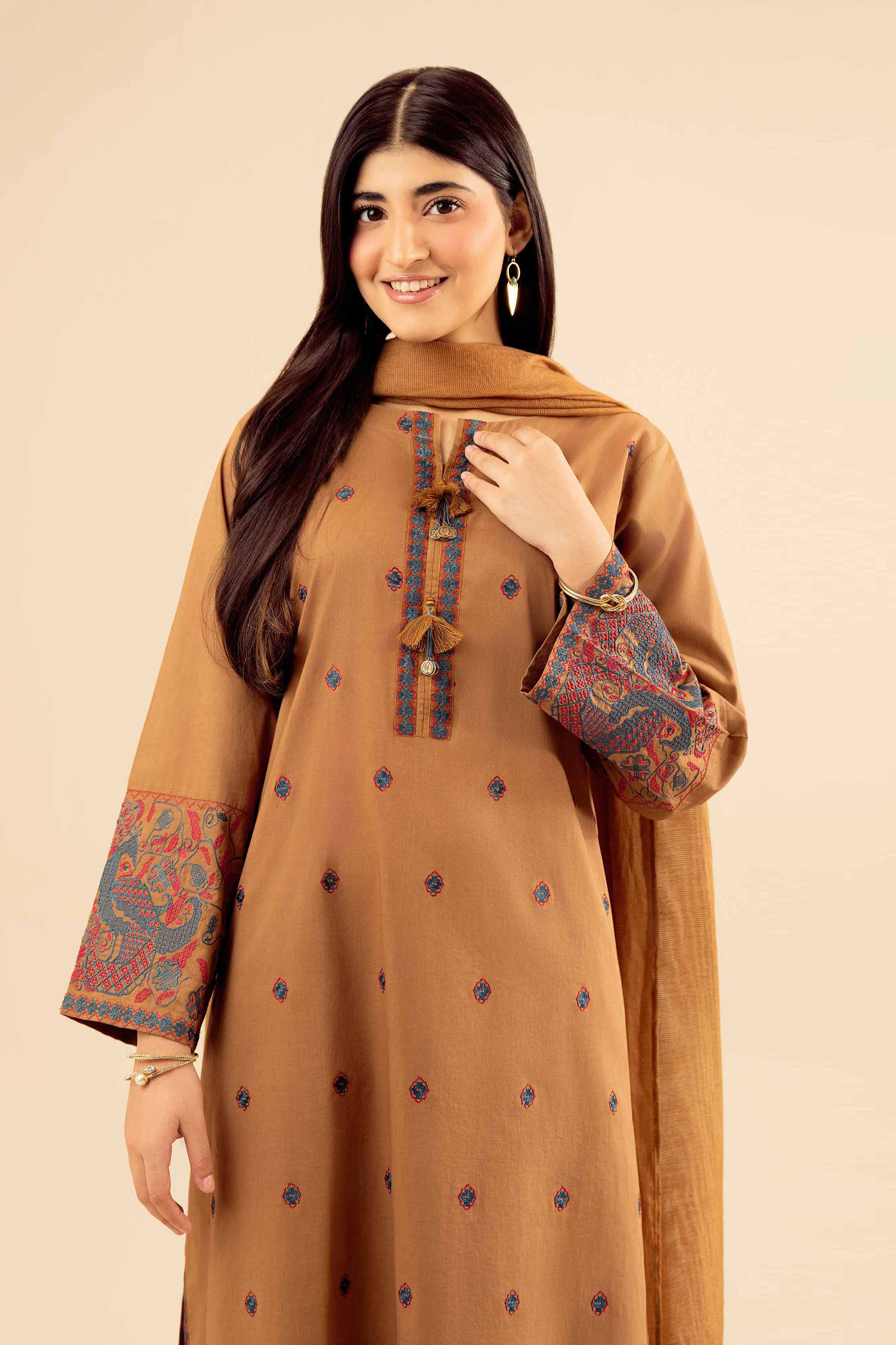 NISHATUAE - Brown Embroidered Cambric 3-piece Ready to wear Suit