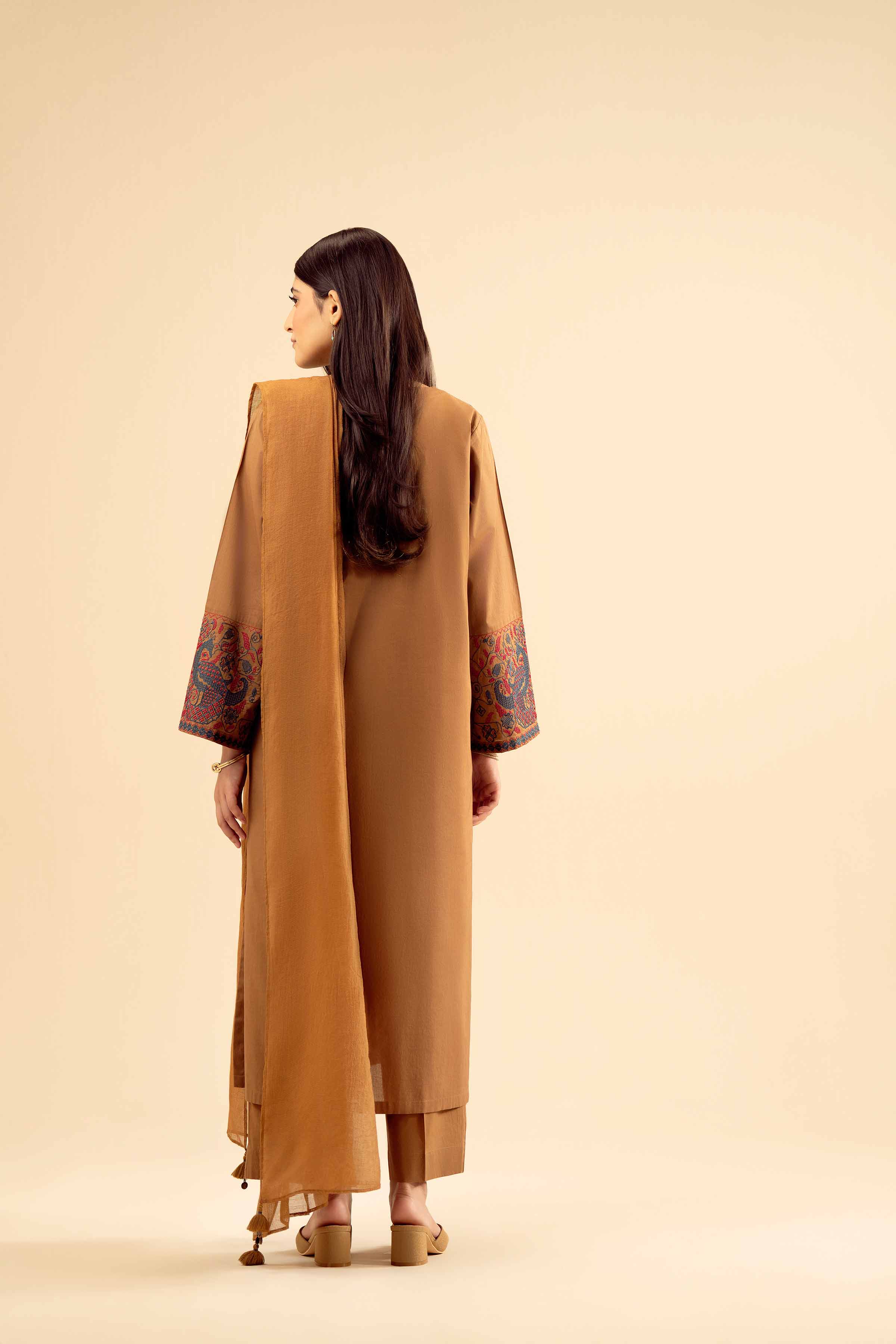 NISHATUAE - Brown Embroidered Cambric 3-piece Ready to wear Suit