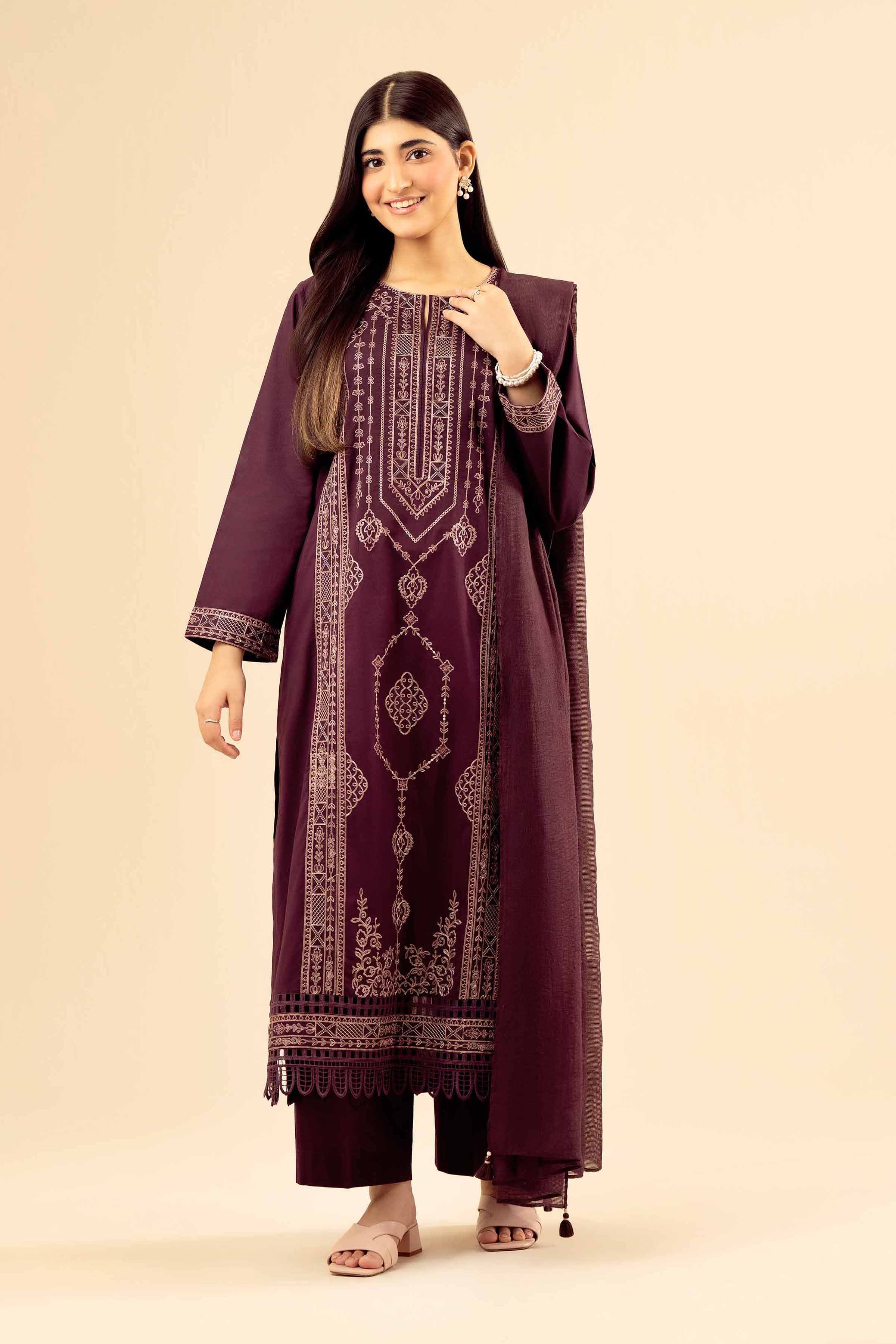 NISHATUAE - Maroon Embroidered Cambric 3-piece Ready to wear Suit