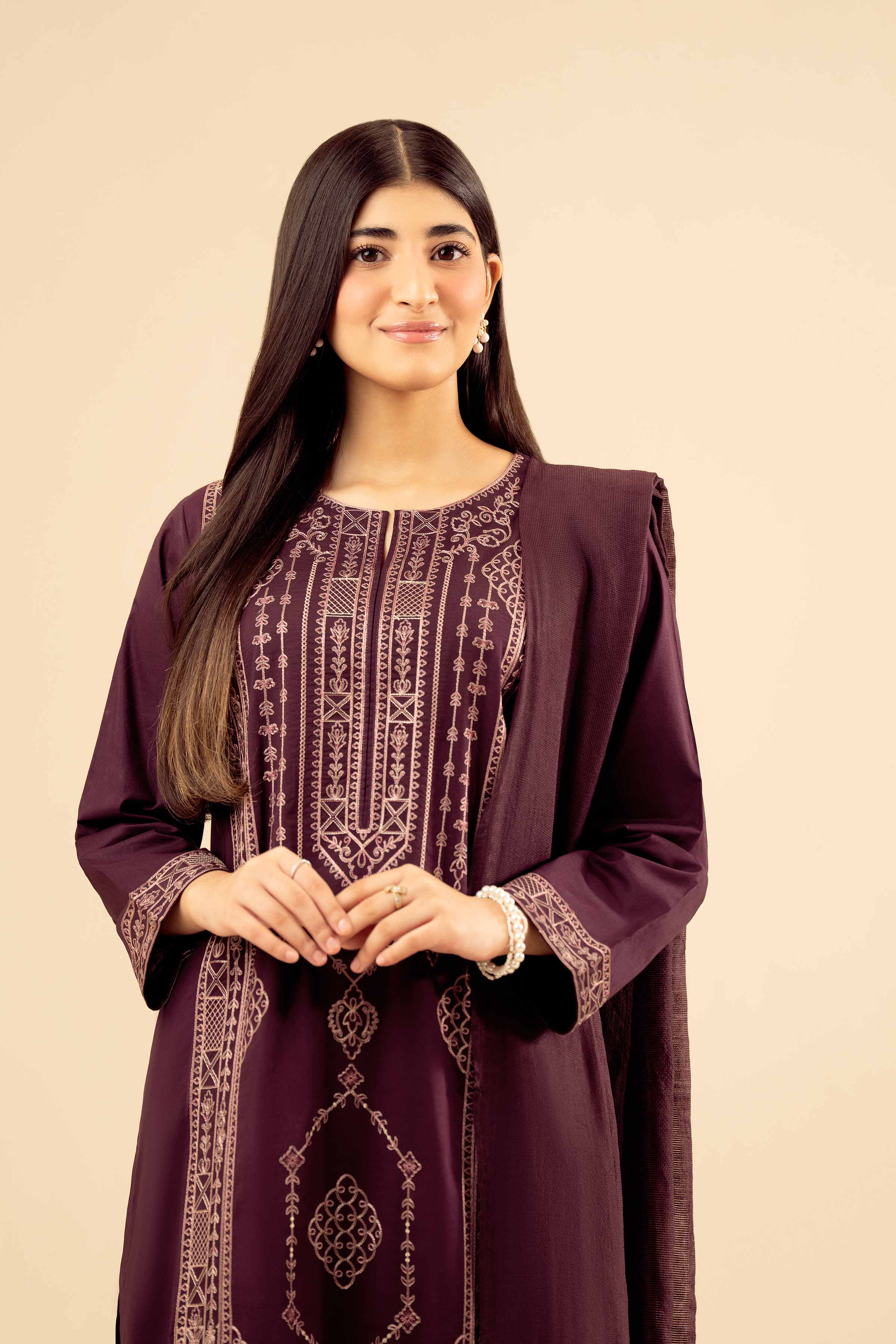 NISHATUAE - Maroon Embroidered Cambric 3-piece Ready to wear Suit