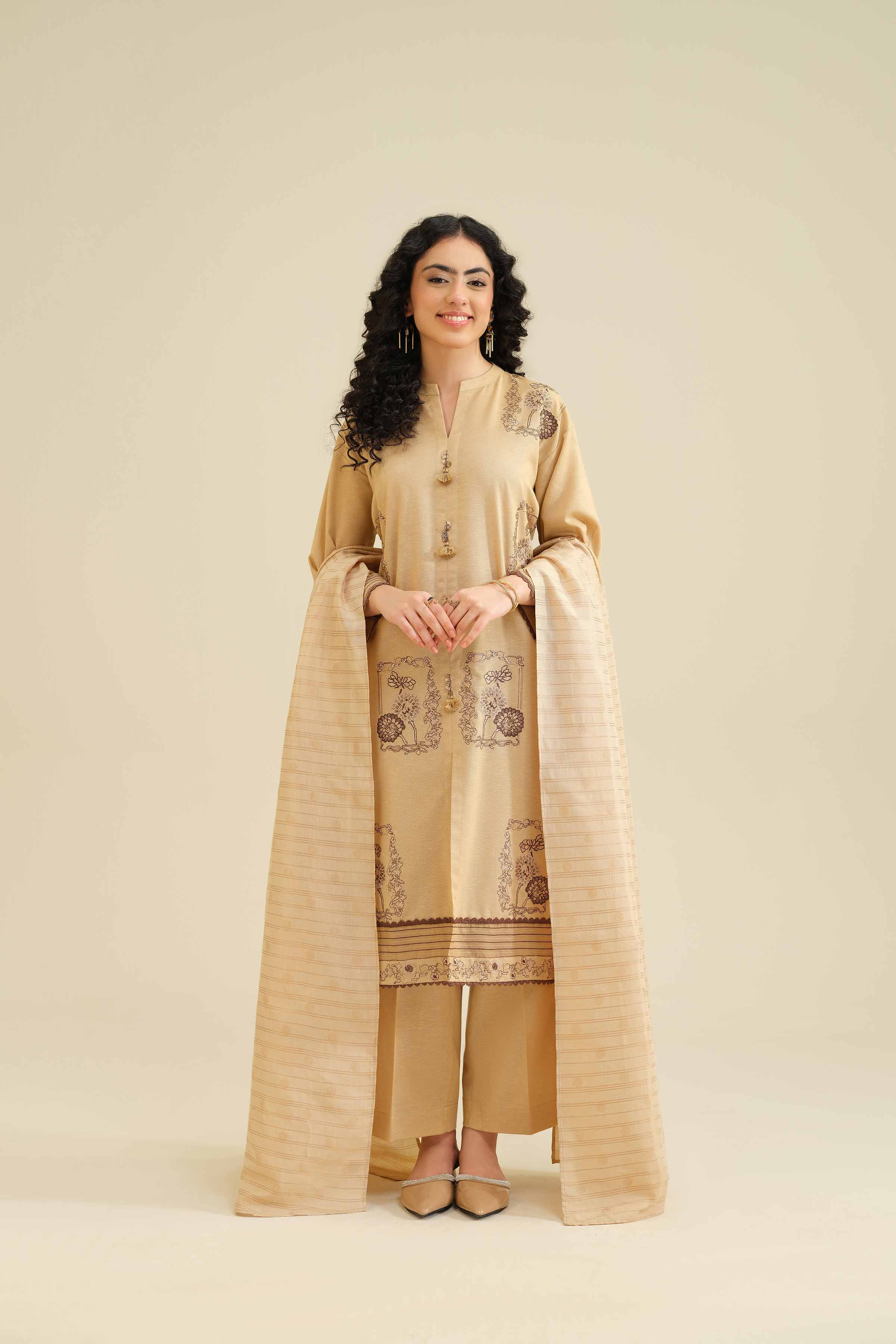 NISHATUAE - Beige Embroidered Karandi 3-piece Ready to wear Suit
