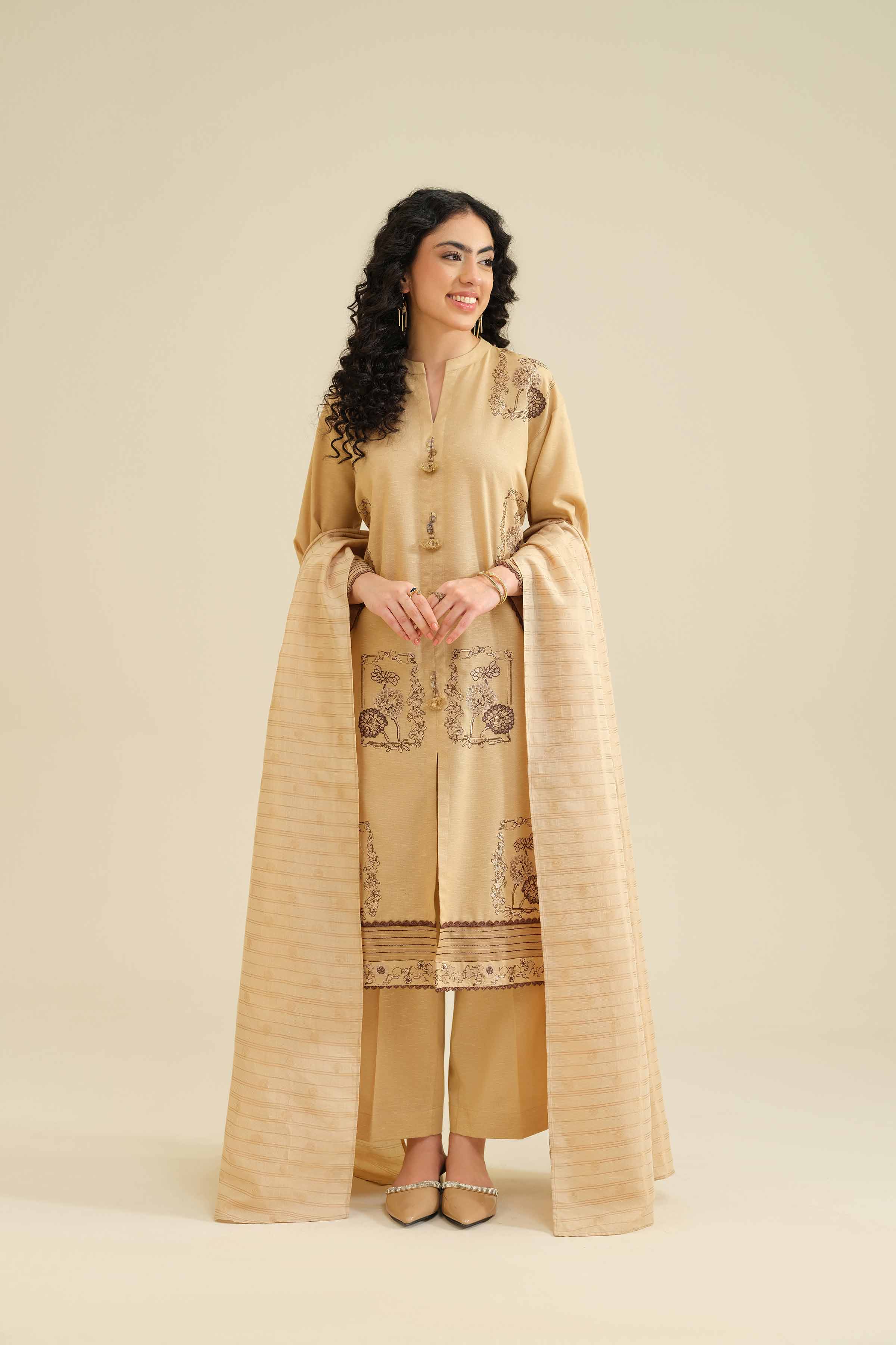 NISHATUAE - Beige Embroidered Karandi 3-piece Ready to wear Suit