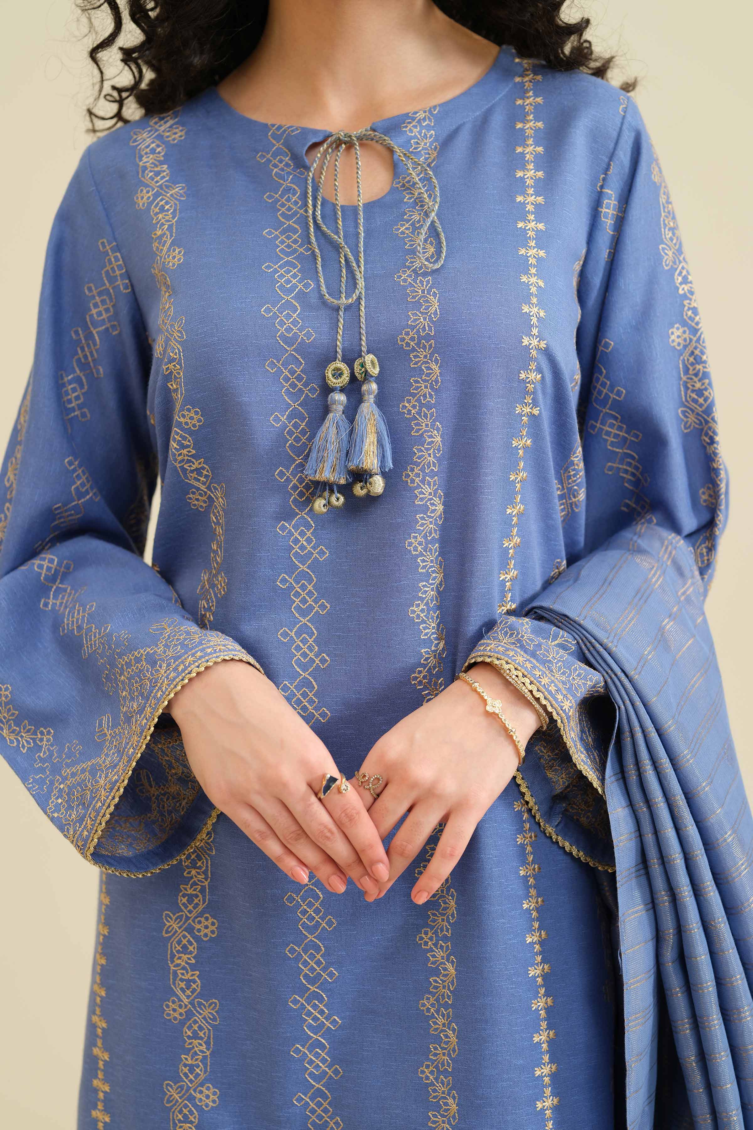 NISHATUAE - Blue Embroidered Karandi 3-piece Ready to wear Suit