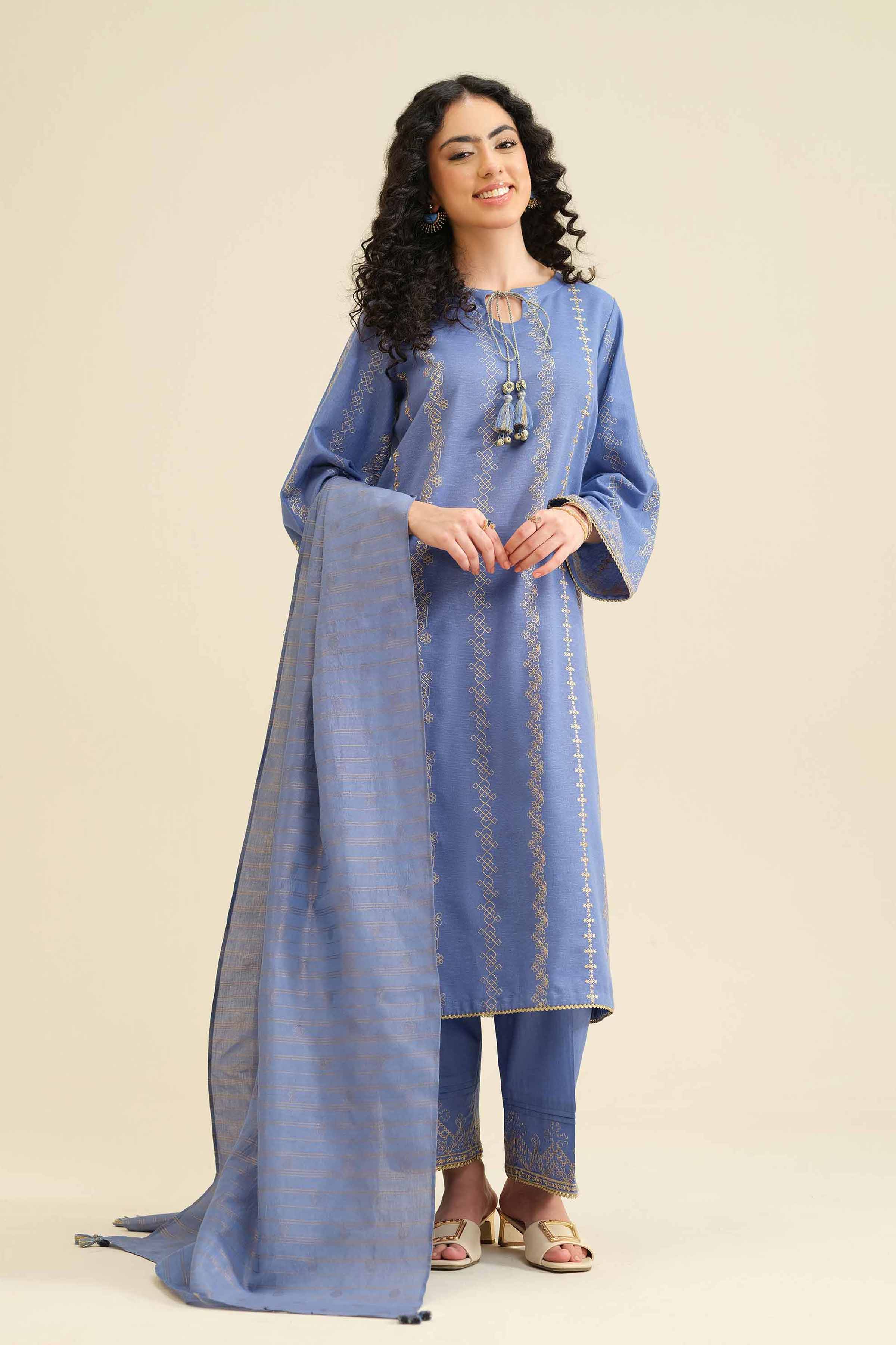 NISHATUAE - Blue Embroidered Karandi 3-piece Ready to wear Suit