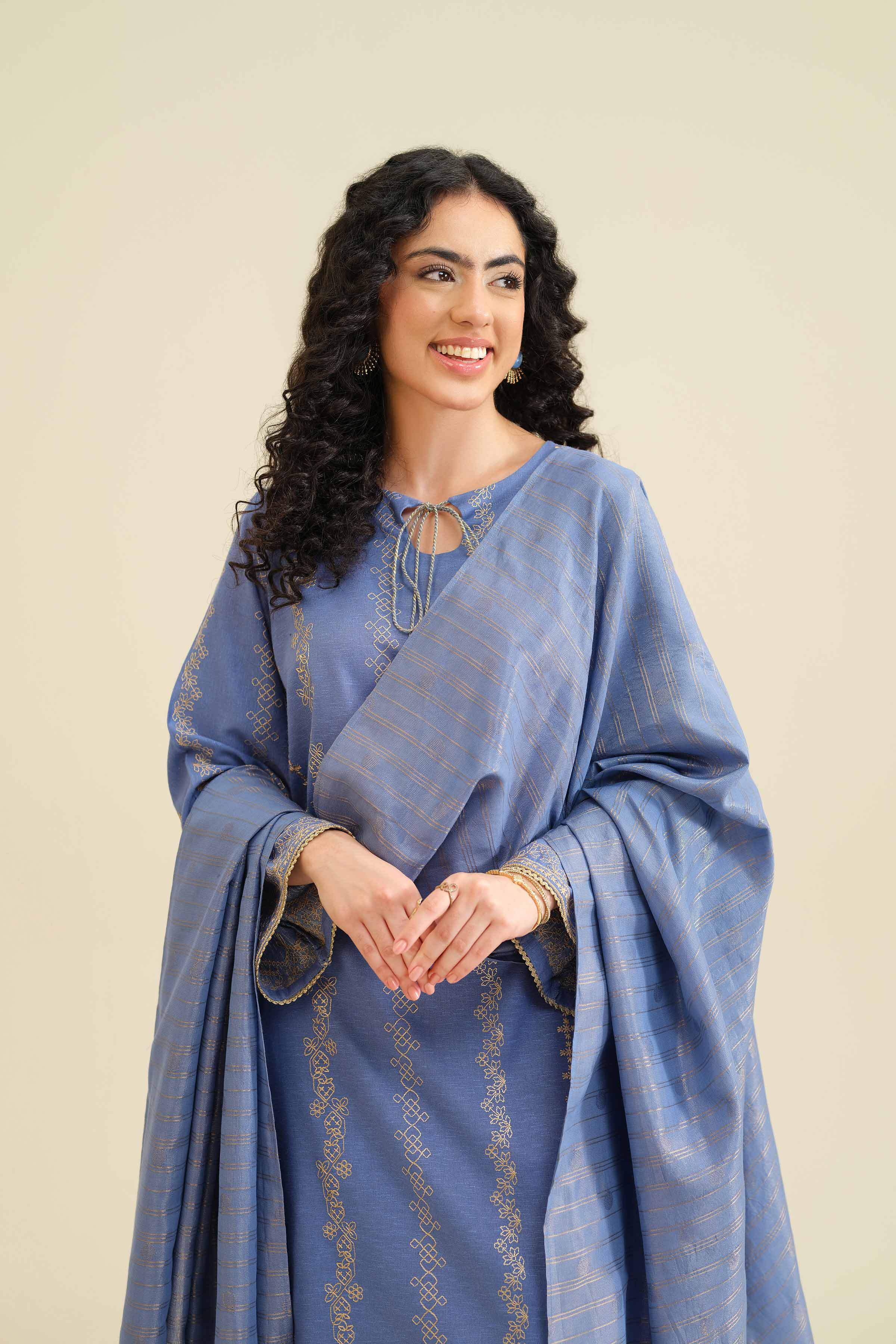 NISHATUAE - Blue Embroidered Karandi 3-piece Ready to wear Suit