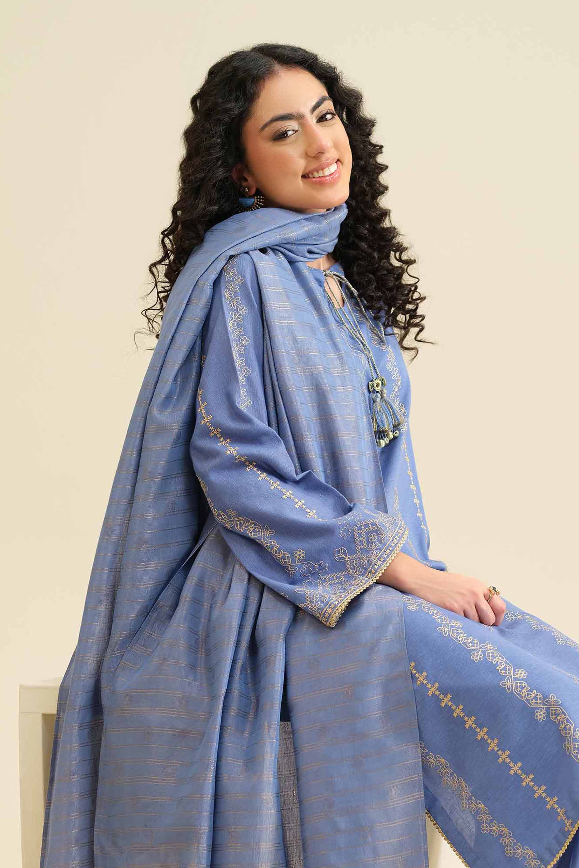 NISHATUAE - Blue Embroidered Karandi 3-piece Ready to wear Suit