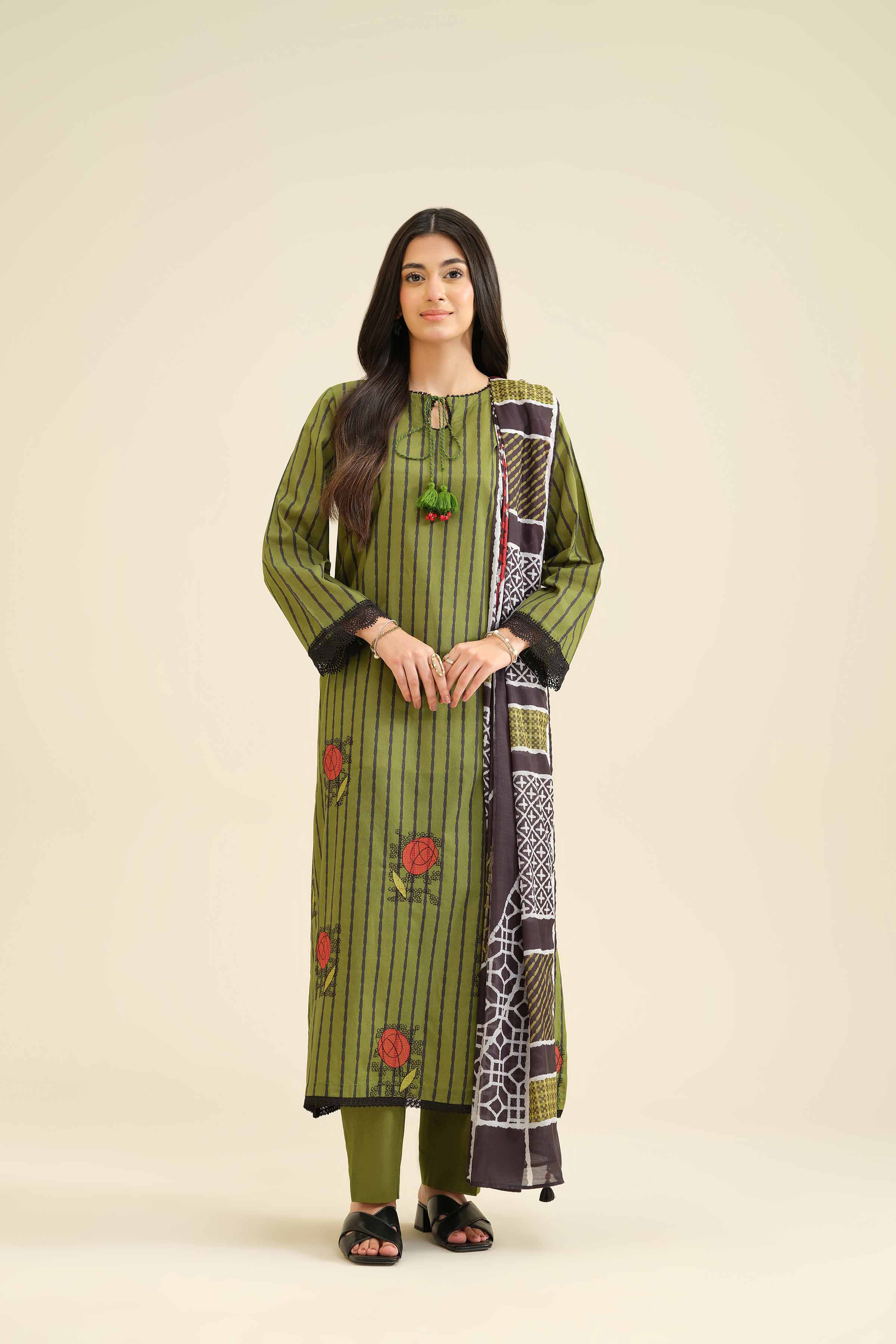 NISHATUAE - Green Embroidered Cambric 3-piece Ready to wear Suit