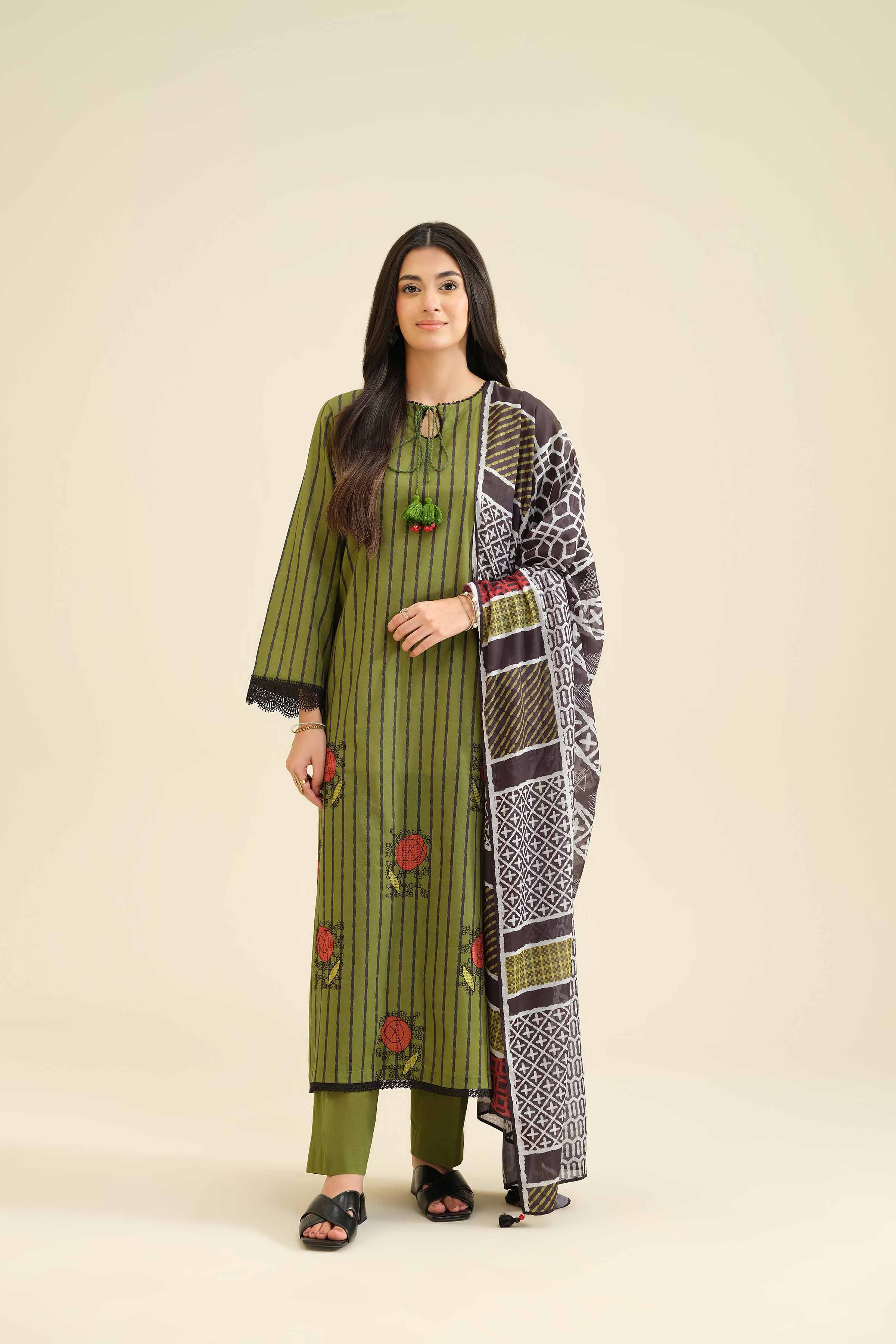 NISHATUAE - Green Embroidered Cambric 3-piece Ready to wear Suit