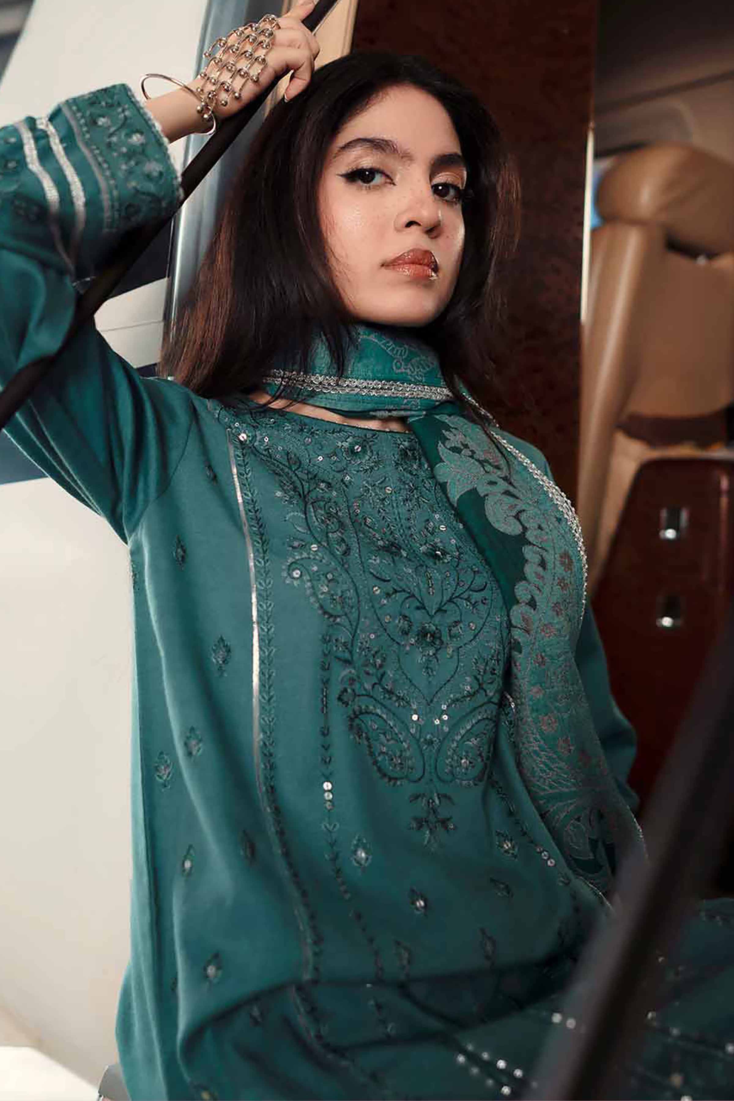 NISHATUAE - Green Embroidered Karandi 3-piece Ready to wear Suit