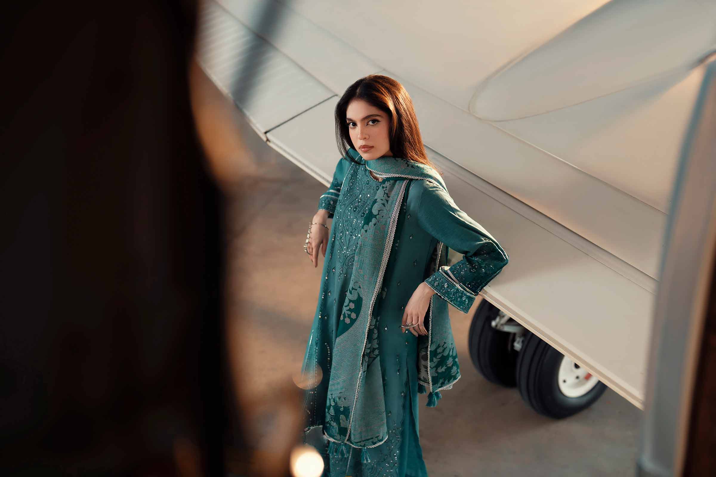 NISHATUAE - Green Embroidered Karandi 3-piece Ready to wear Suit