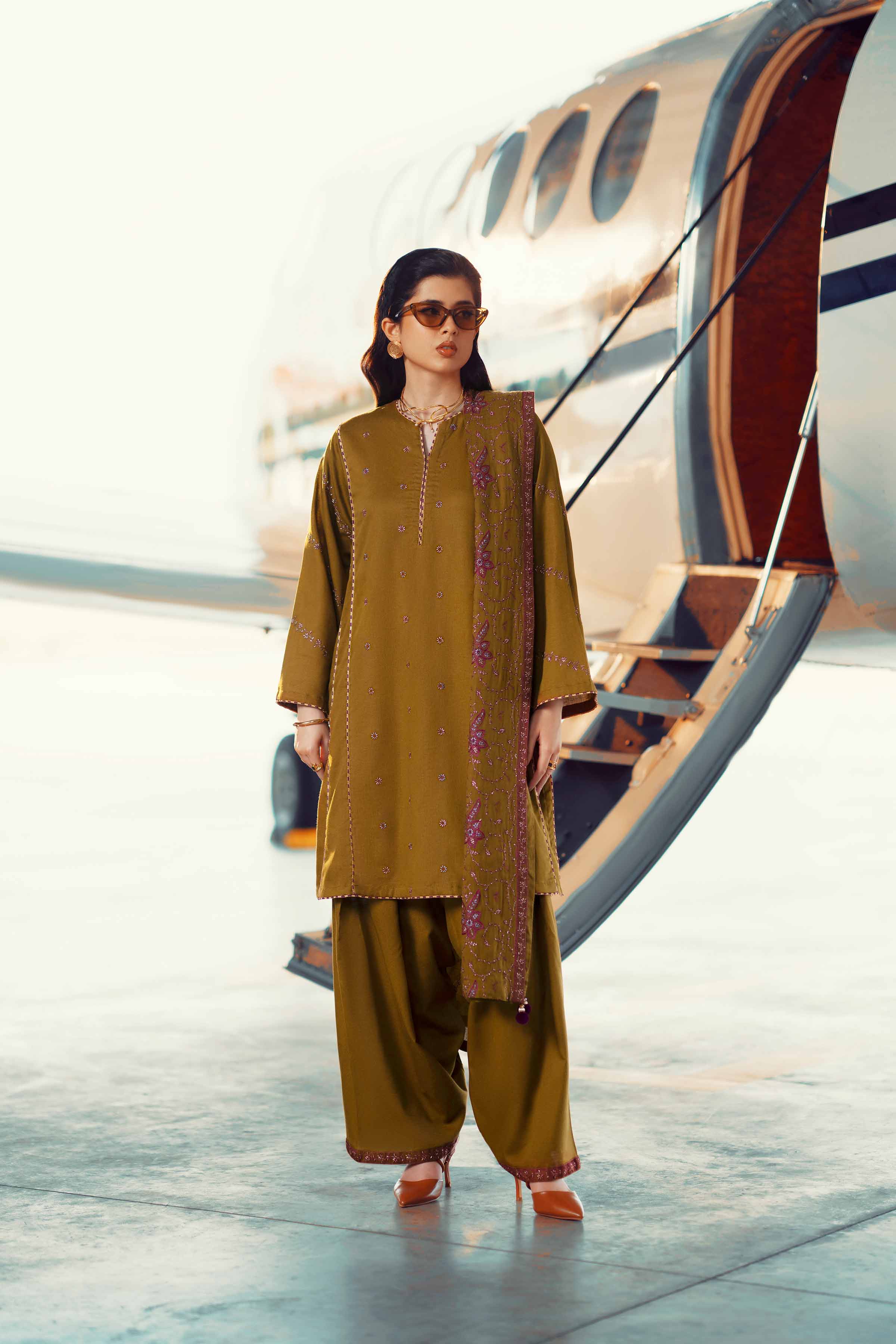 NISHATUAE - Brown Embroidered Karandi 3-piece Ready to wear Suit