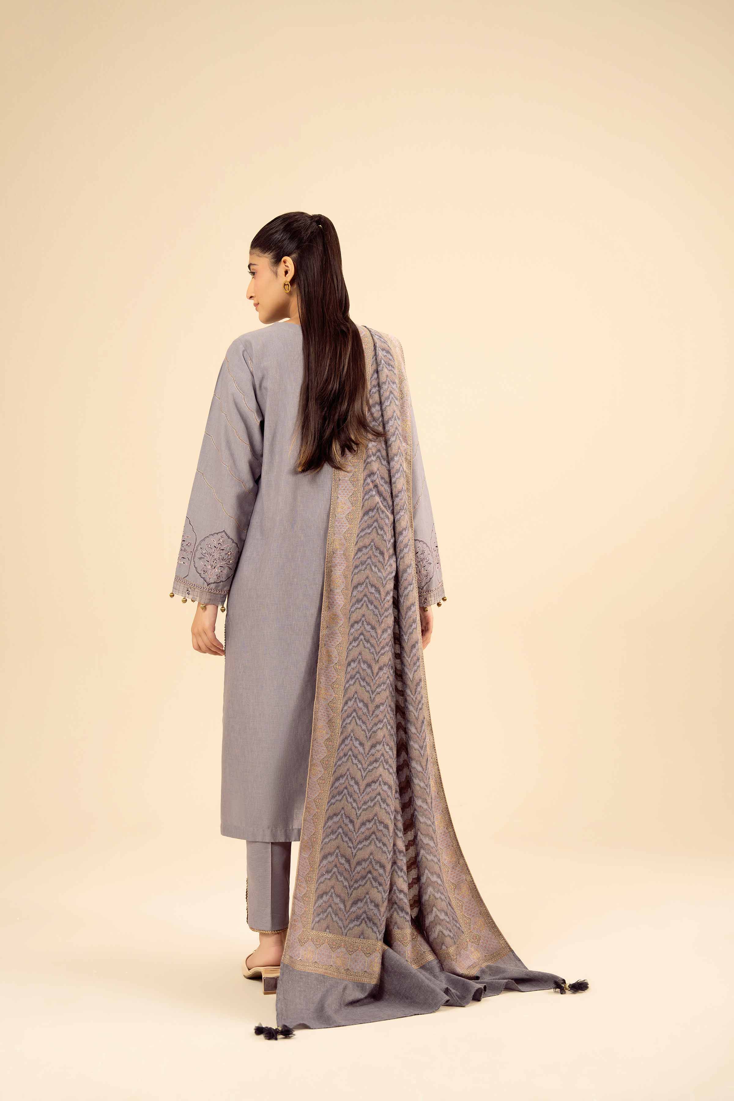 NISHATUAE - Purple Embroidered Karandi 3-piece Ready to wear Suit