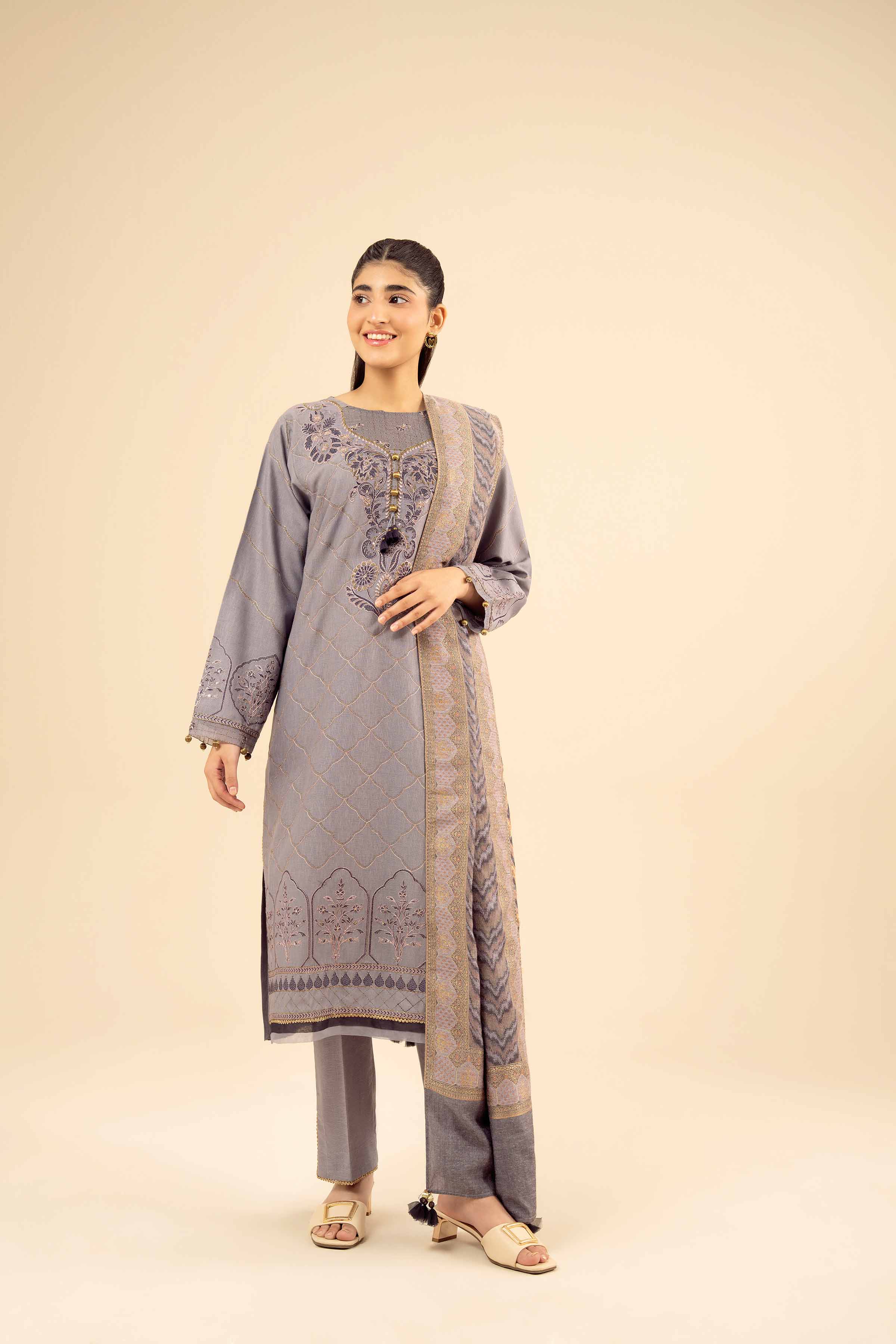NISHATUAE - Purple Embroidered Karandi 3-piece Ready to wear Suit