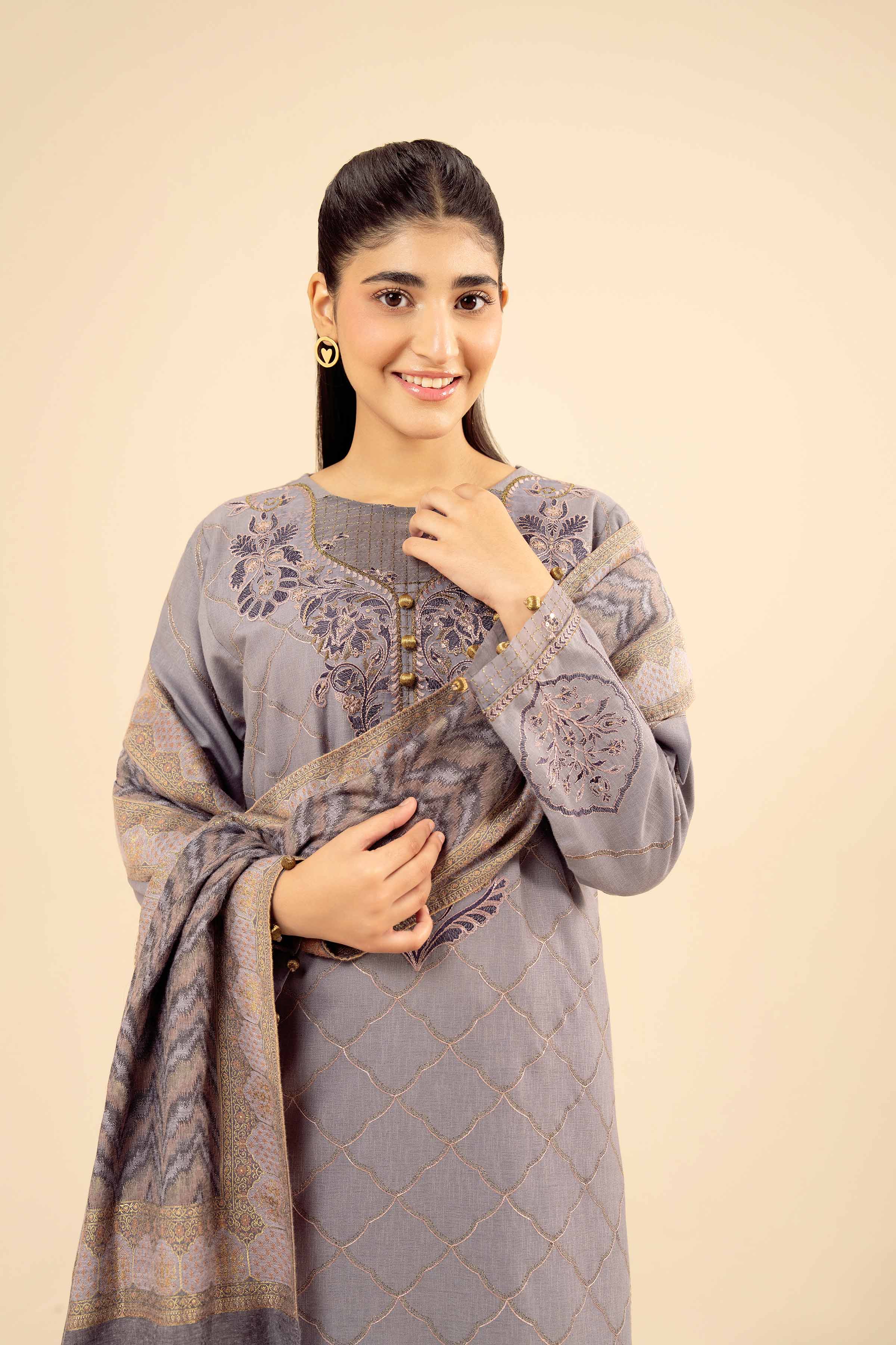 NISHATUAE - Purple Embroidered Karandi 3-piece Ready to wear Suit