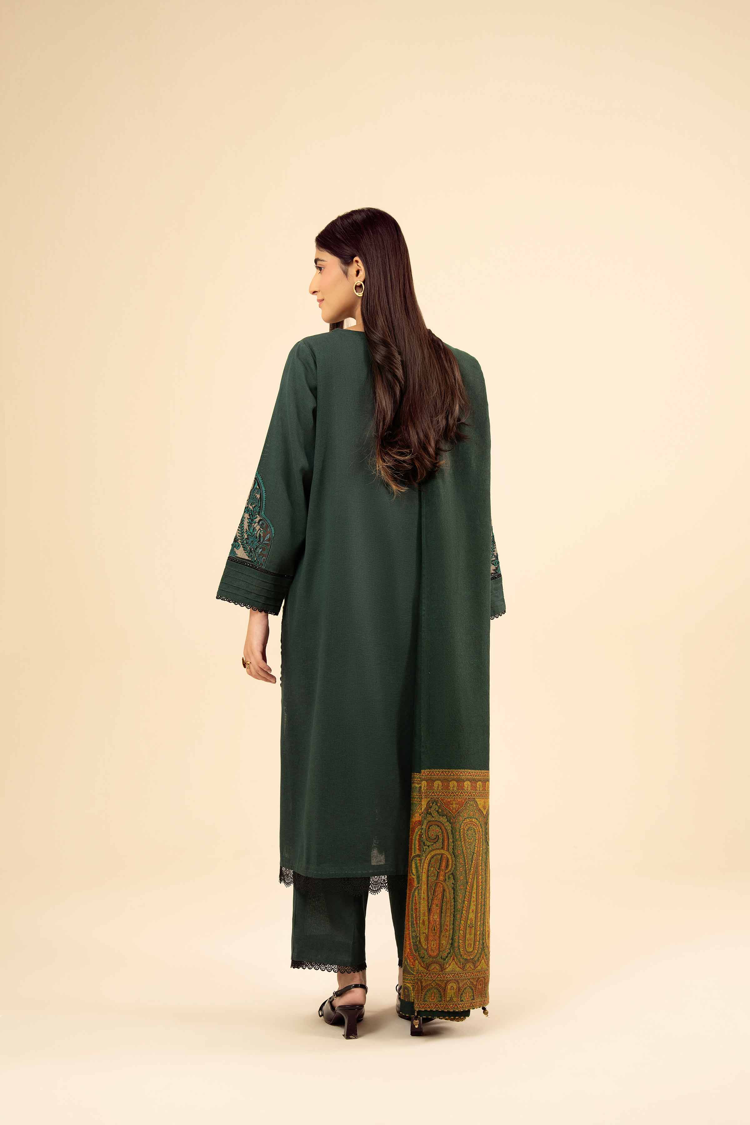 NISHATUAE - Green Embroidered Karandi 3-piece Ready to wear Suit