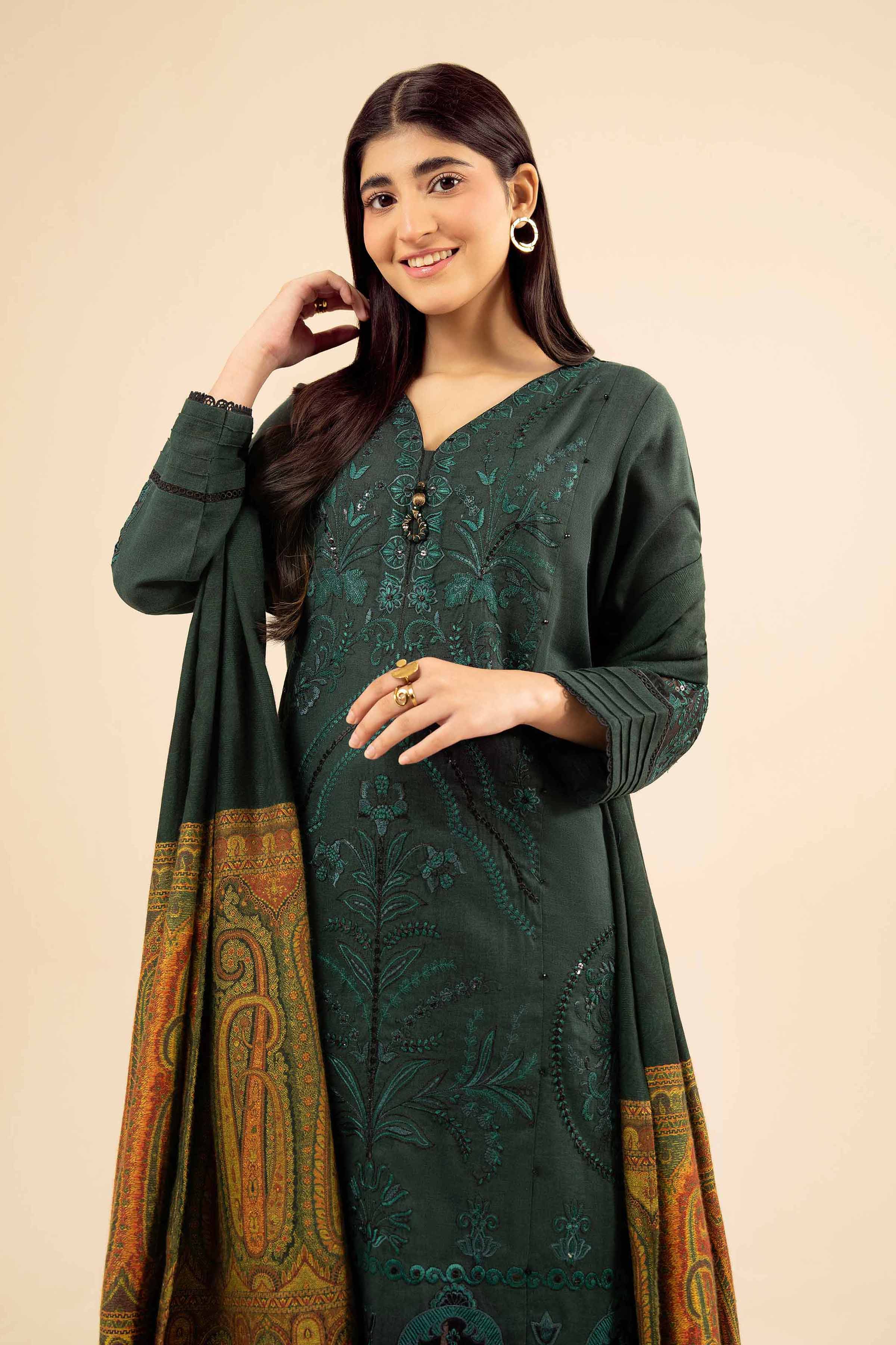 NISHATUAE - Green Embroidered Karandi 3-piece Ready to wear Suit