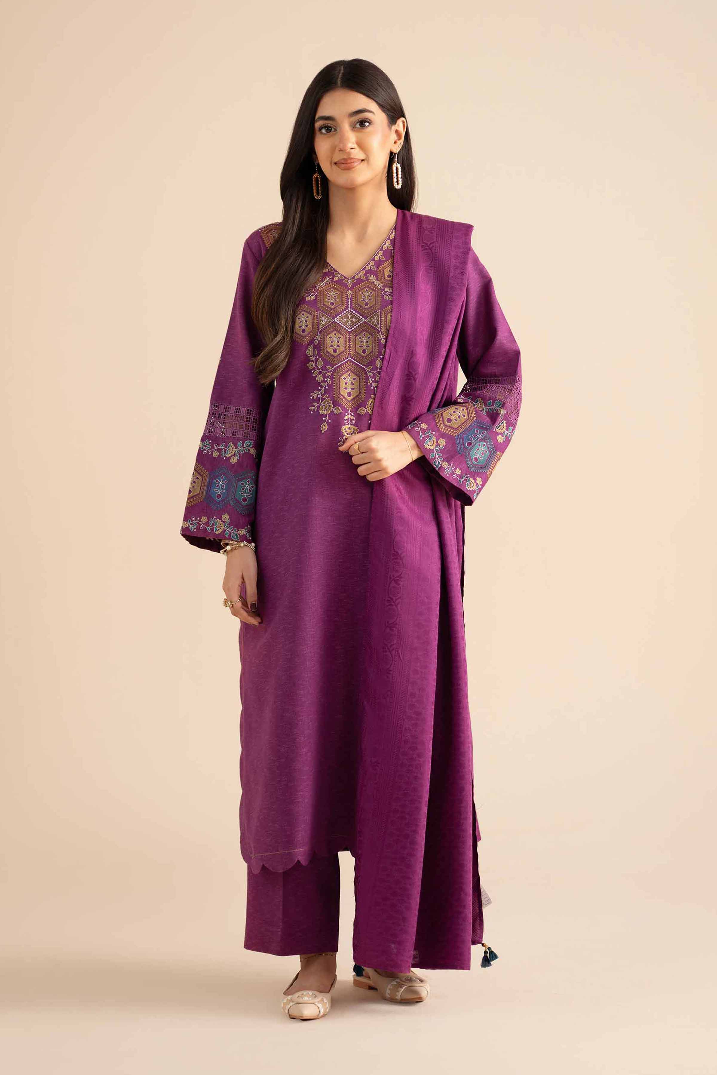 NISHATUAE - Purple Embroidered Karandi 3-piece Ready to wear Suit