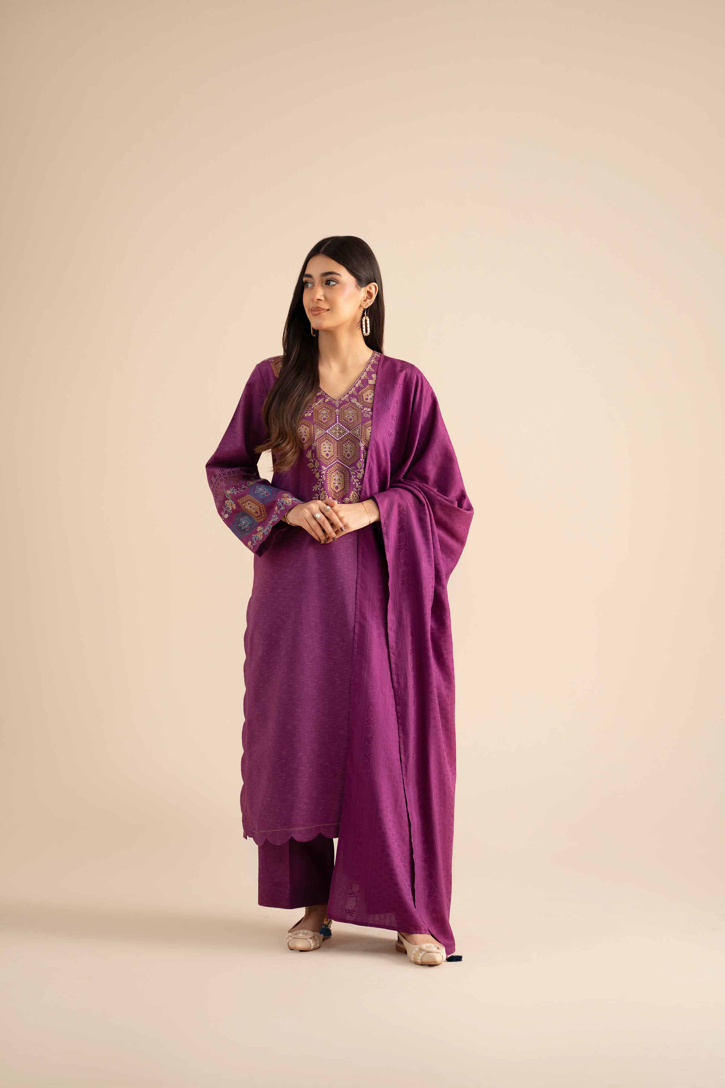 NISHATUAE - Purple Embroidered Karandi 3-piece Ready to wear Suit