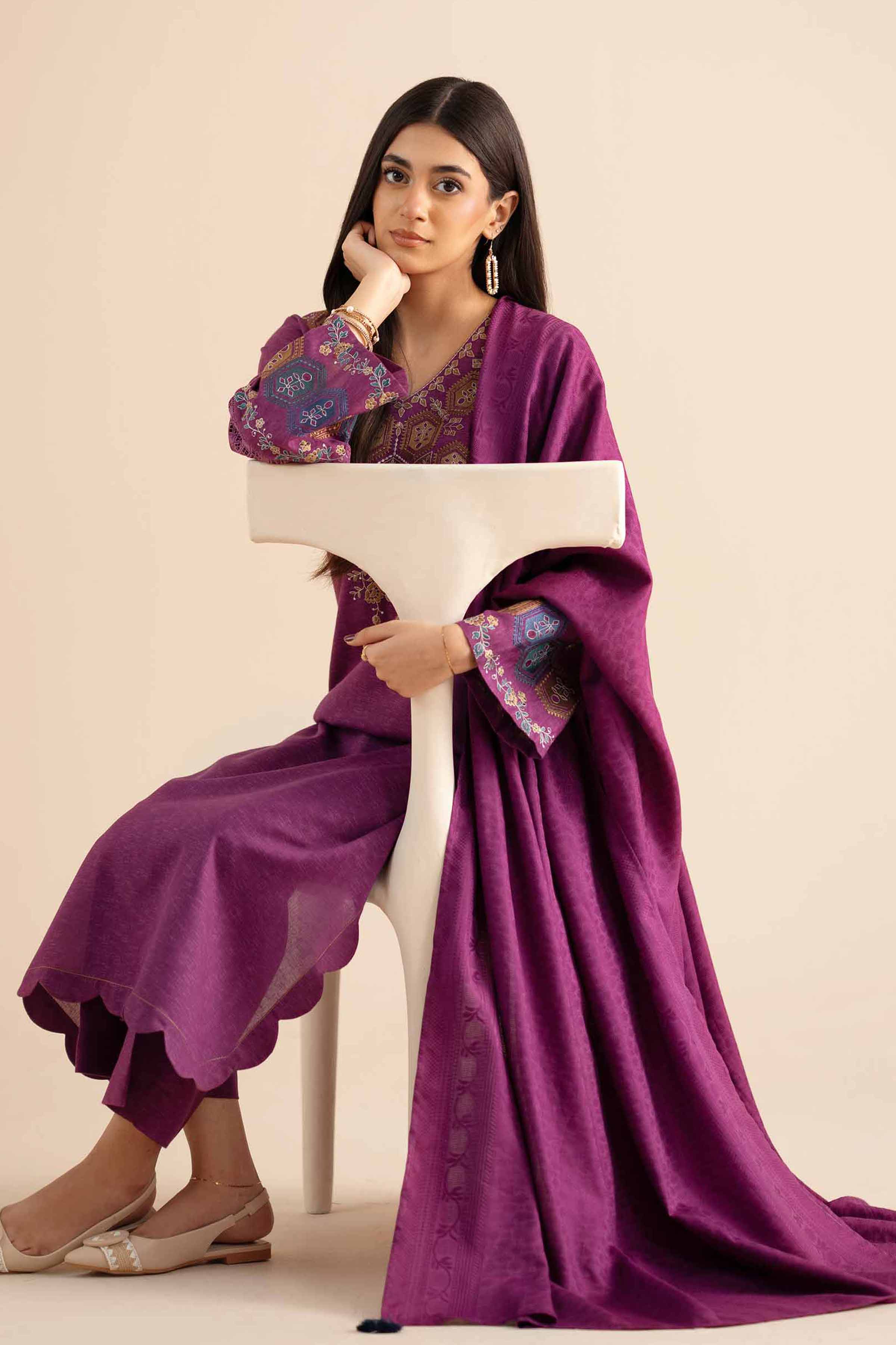 NISHATUAE - Purple Embroidered Karandi 3-piece Ready to wear Suit