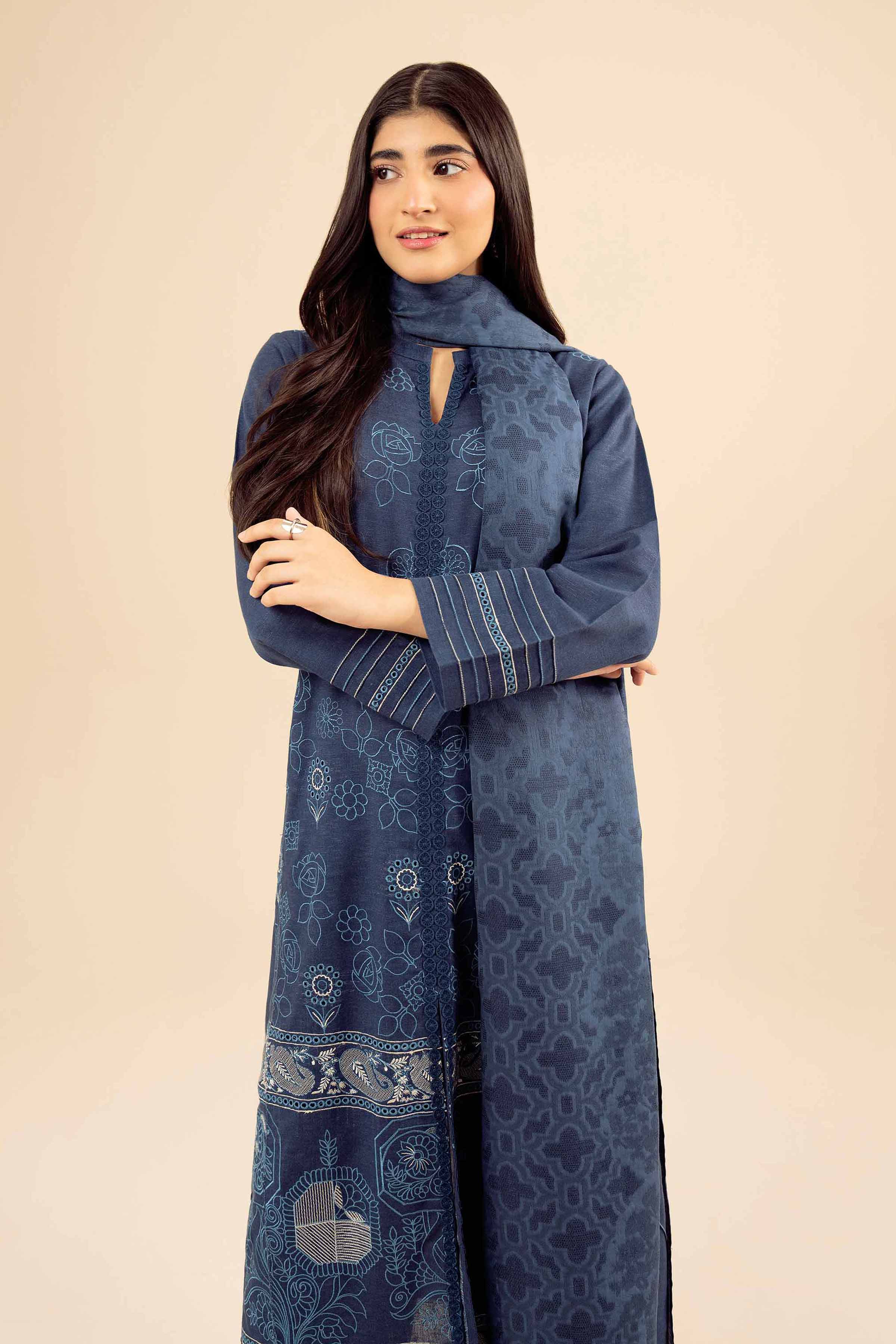 NISHATUAE - Blue Embroidered Karandi 3-piece Ready to wear Suit