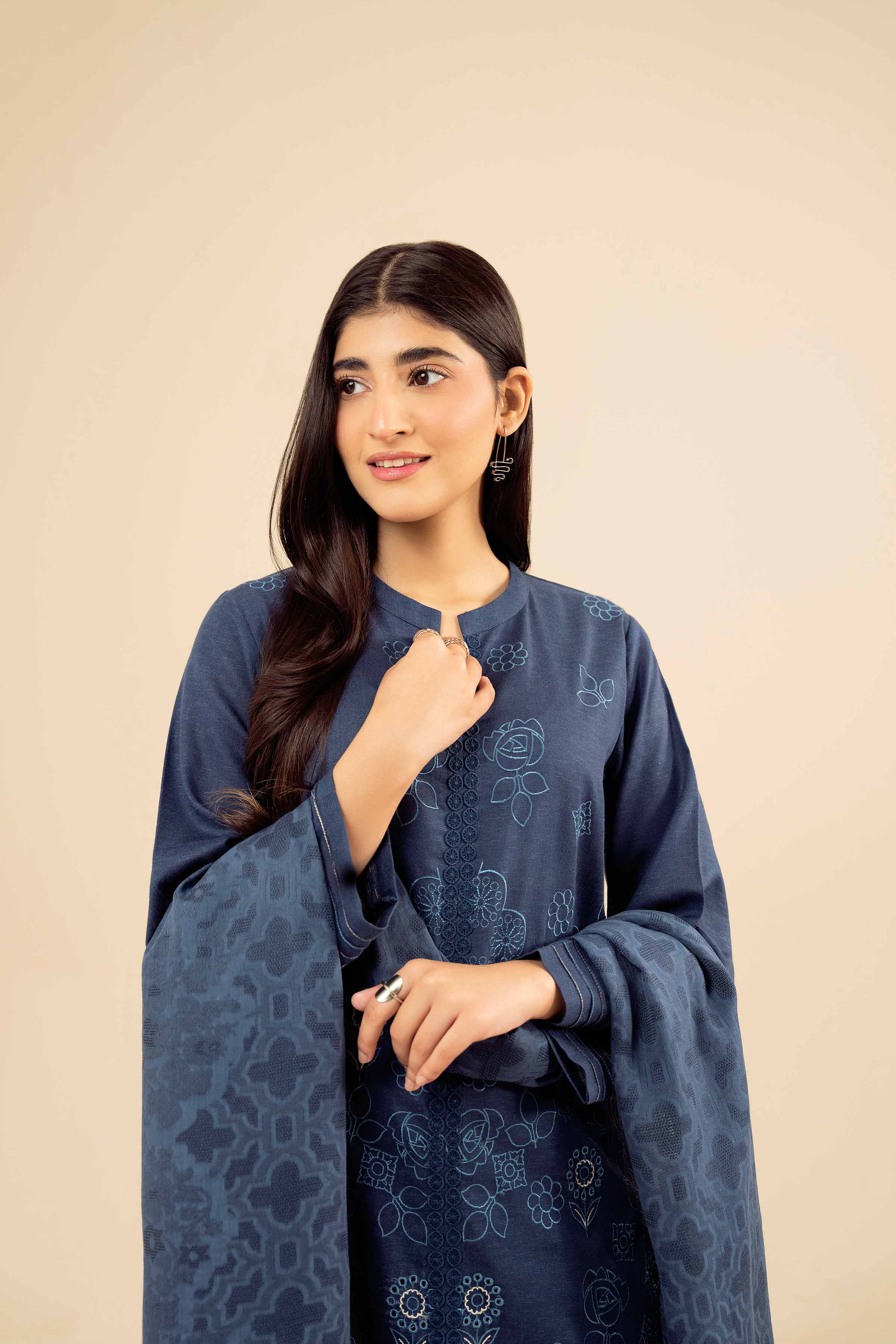 NISHATUAE - Blue Embroidered Karandi 3-piece Ready to wear Suit