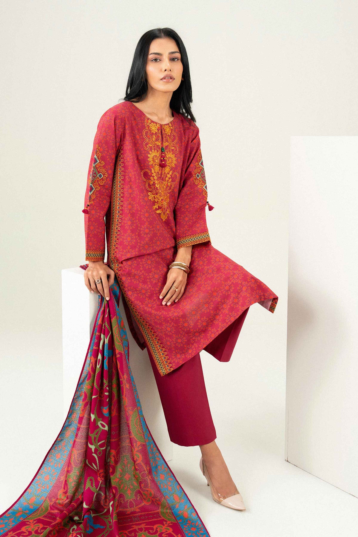 3 Piece - Printed Embroidered Suit - PW25-463
