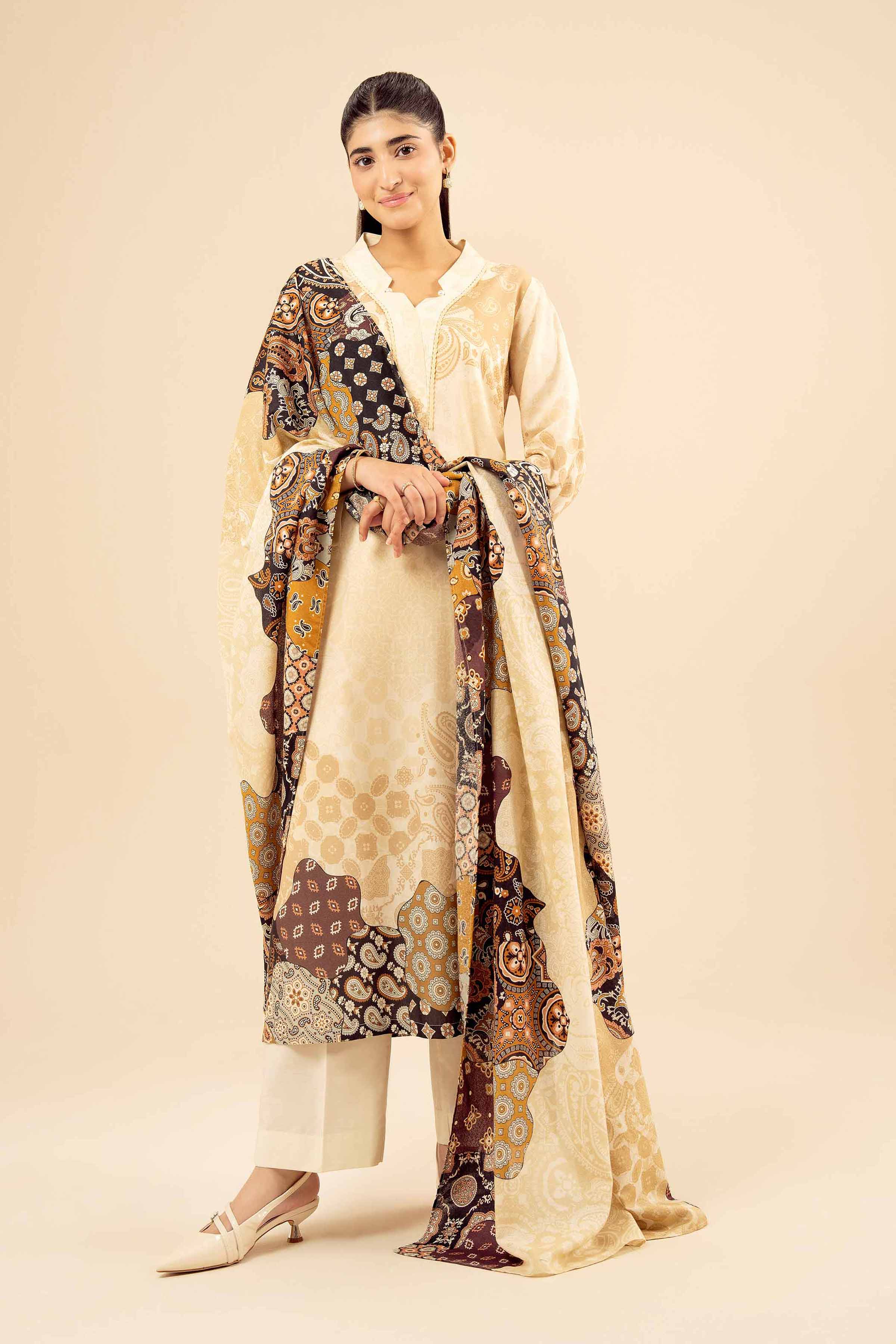 NISHATUAE - Yellow Printed Tropical 3-piece Ready to wear Suit
