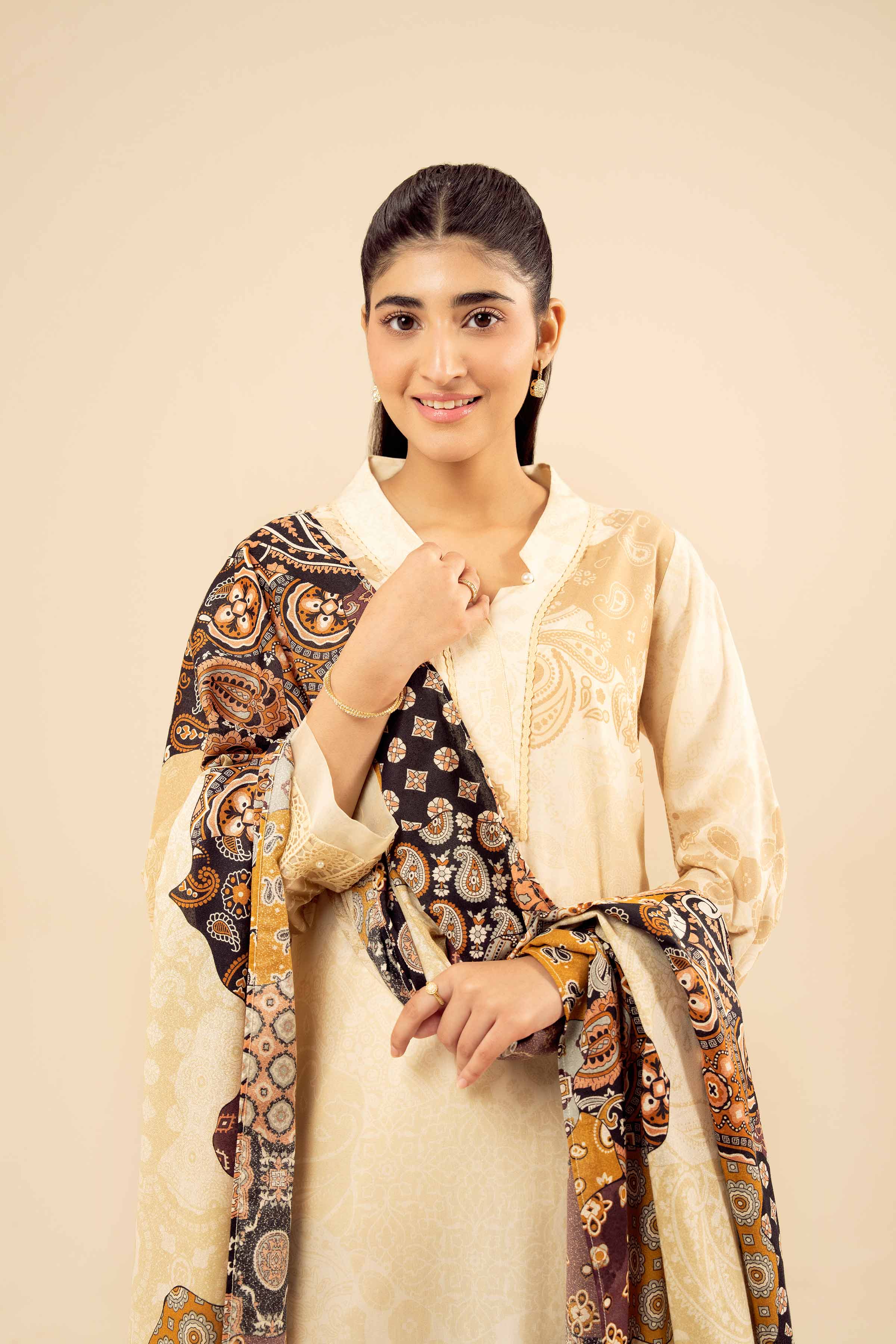 NISHATUAE - Yellow Printed Tropical 3-piece Ready to wear Suit