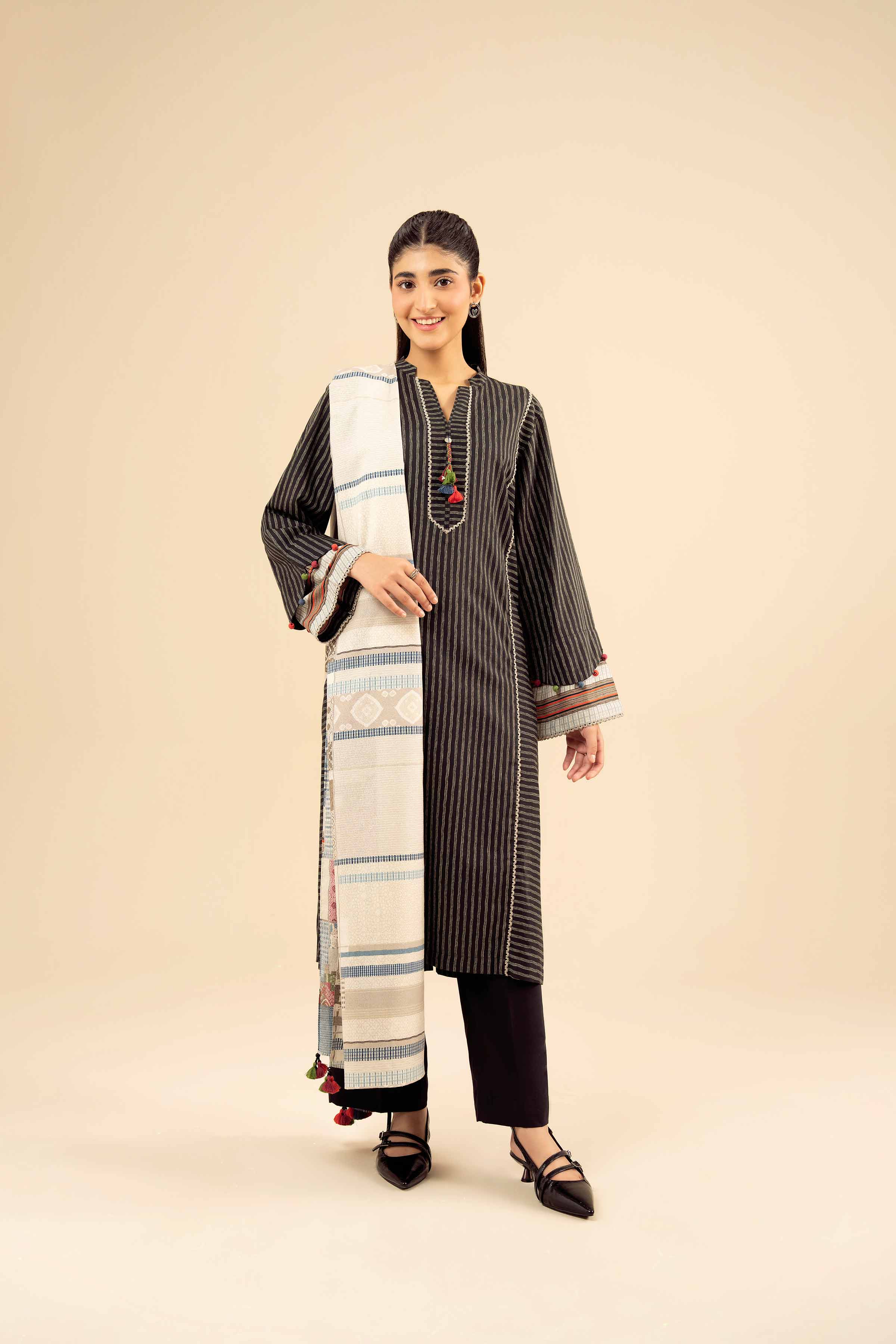 NISHATUAE - Black Printed Tropical 3-piece Ready to wear Suit
