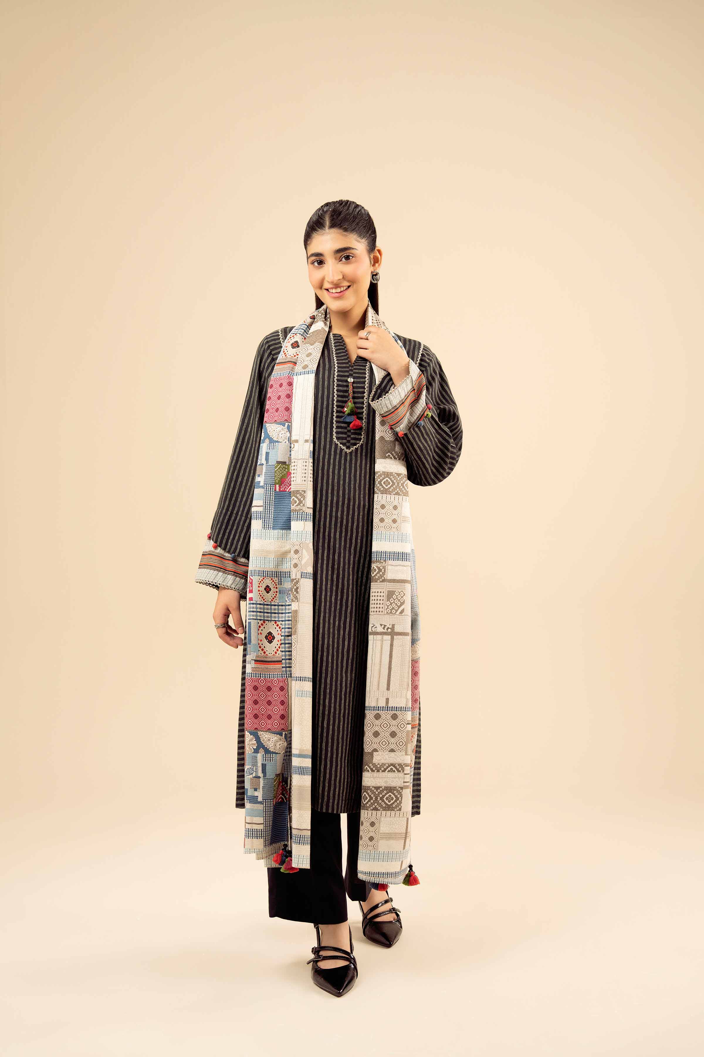 NISHATUAE - Black Printed Tropical 3-piece Ready to wear Suit