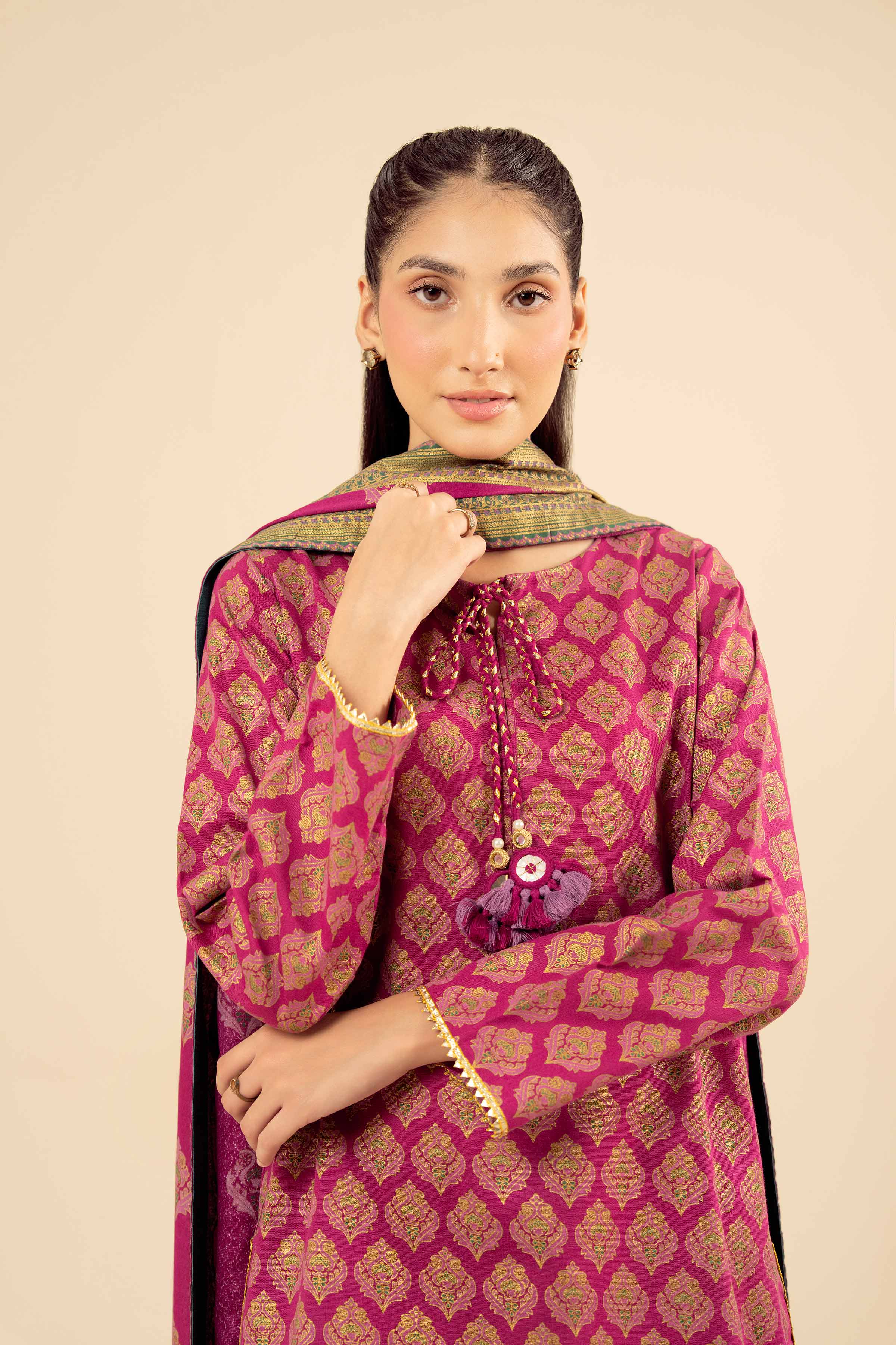 NISHATUAE - Pink Printed Karandi 3-piece Ready to wear Suit