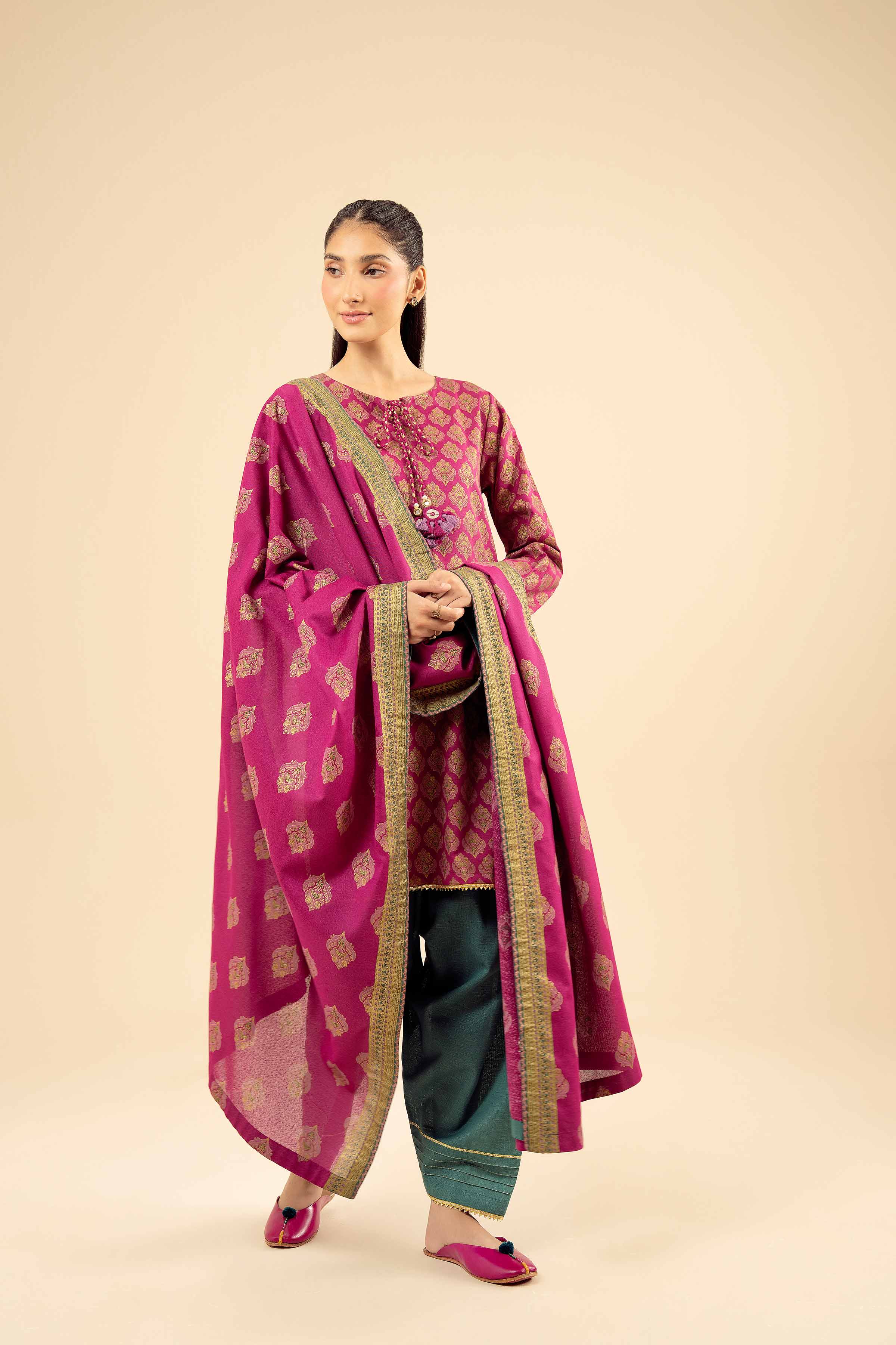NISHATUAE - Pink Printed Karandi 3-piece Ready to wear Suit