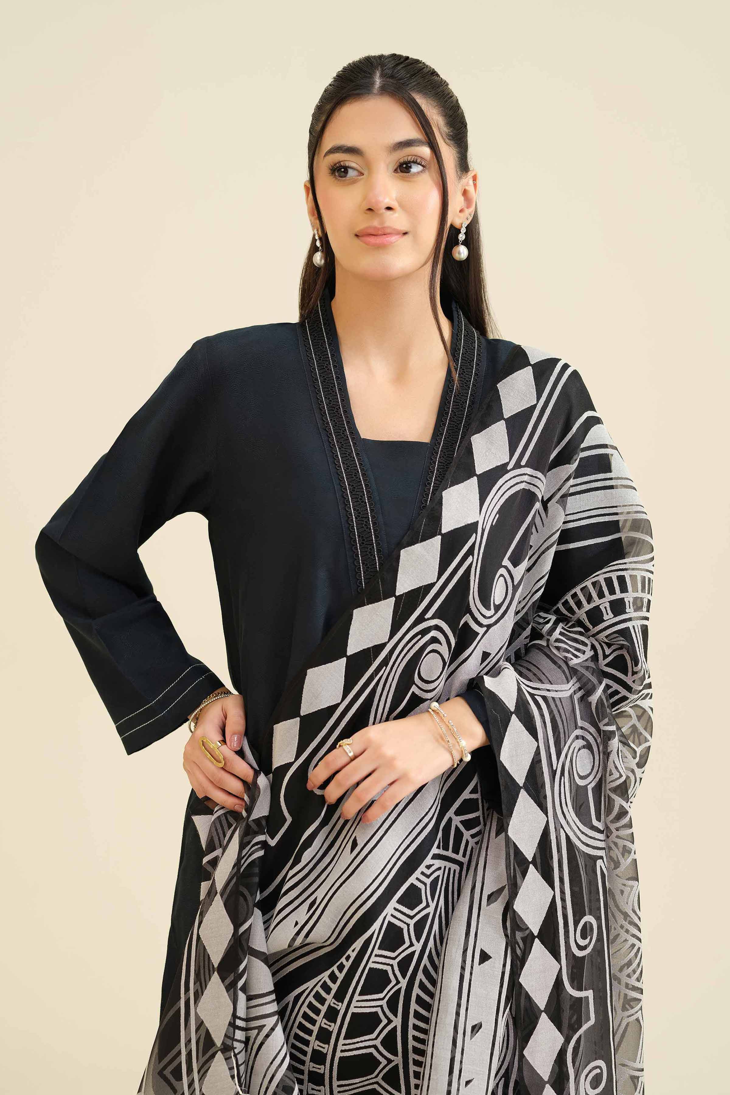 NISHATUAE - Black Solids Jacquard 3-piece Ready to wear Suit