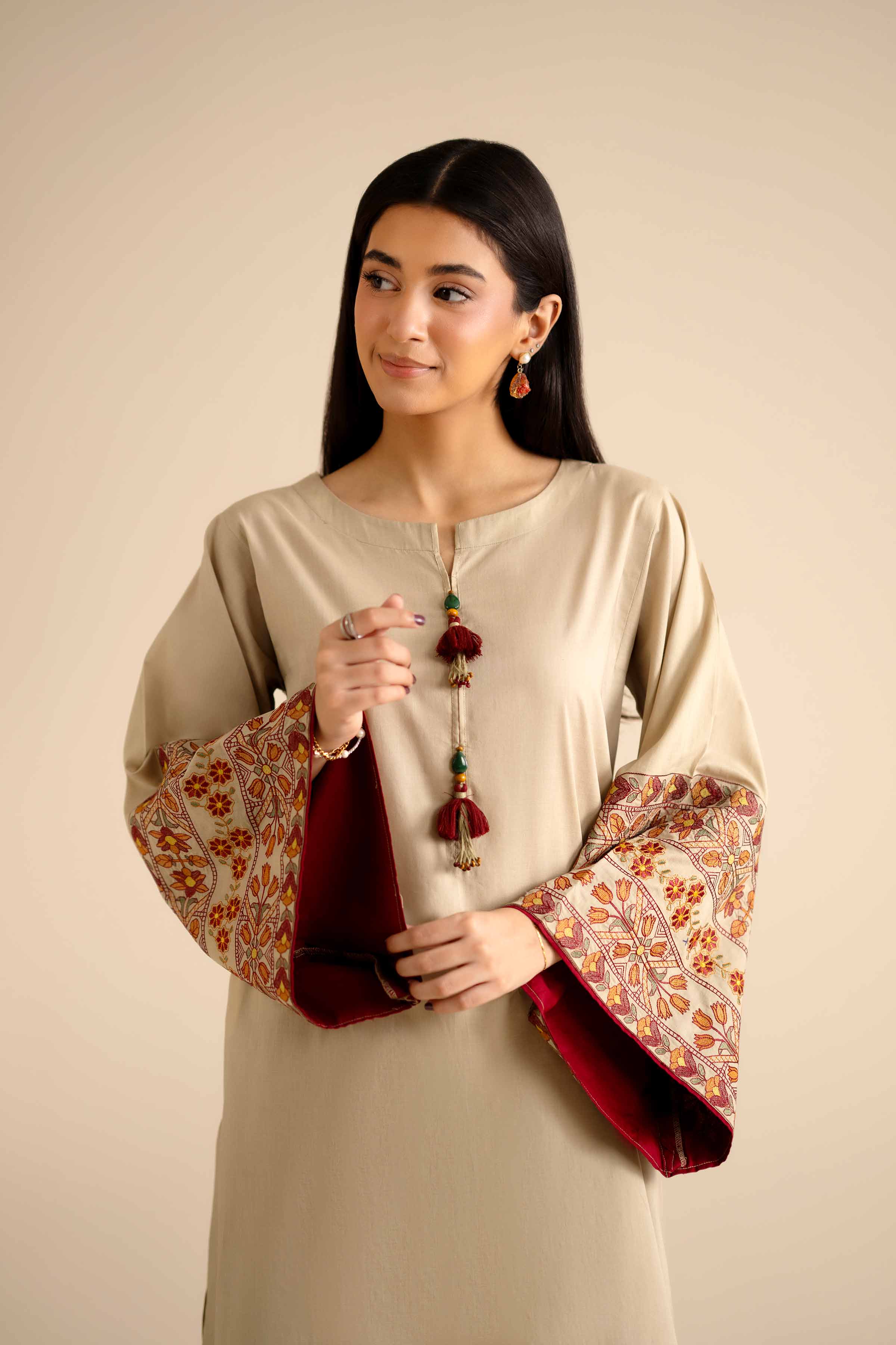 NISHATUAE - Beige Embroidered Cambric 2-piece Ready to wear Dress