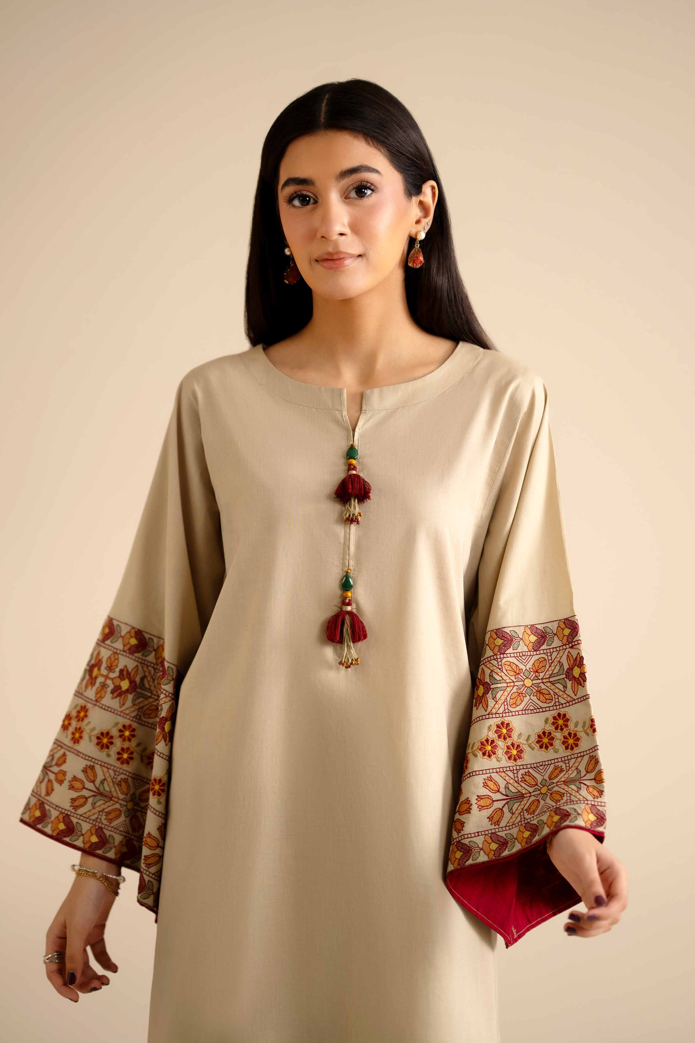 NISHATUAE - Beige Embroidered Cambric 2-piece Ready to wear Dress